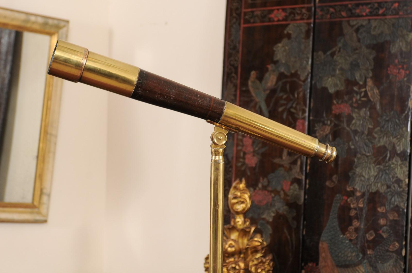 British Ross of London Brass & Leather Telescope on Tripod Stand, Early 20th Century
