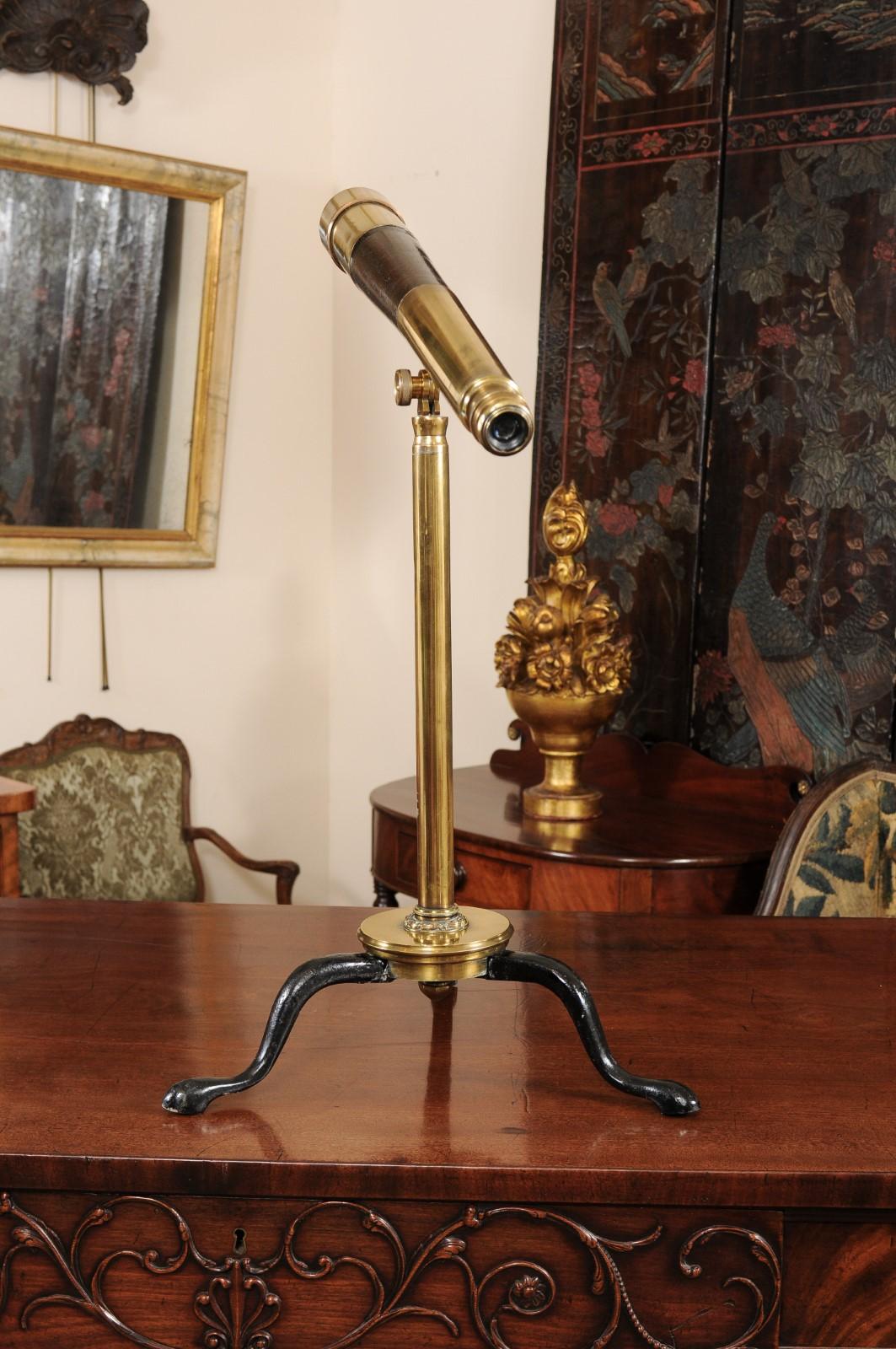 Ross of London Brass & Leather Telescope on Tripod Stand, Early 20th Century 1