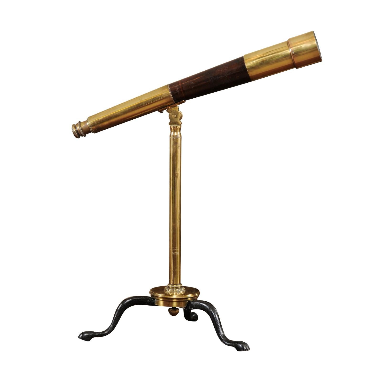 Ross of London Brass & Leather Telescope on Tripod Stand, Early 20th Century