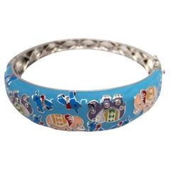 Vintage Ross Simons Sterling Silver Enamel Elephants Bangle Bracelet #20574