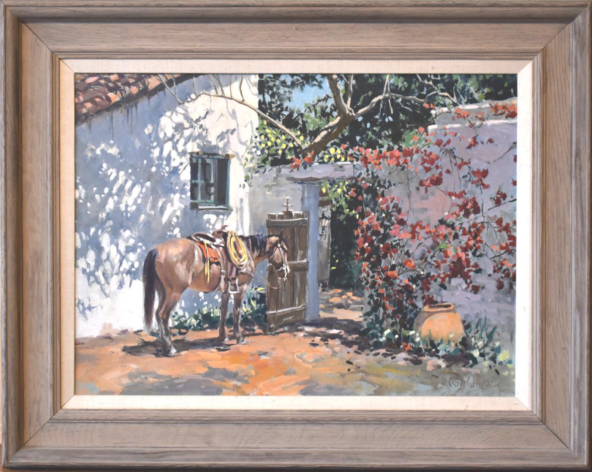 Ross Stefan Landscape Painting – "DON JUAN
S GATE" PFERD, Bougainvillea,  ADOBE GEWÖLBTES TOR ARIZONA KÜNSTLER