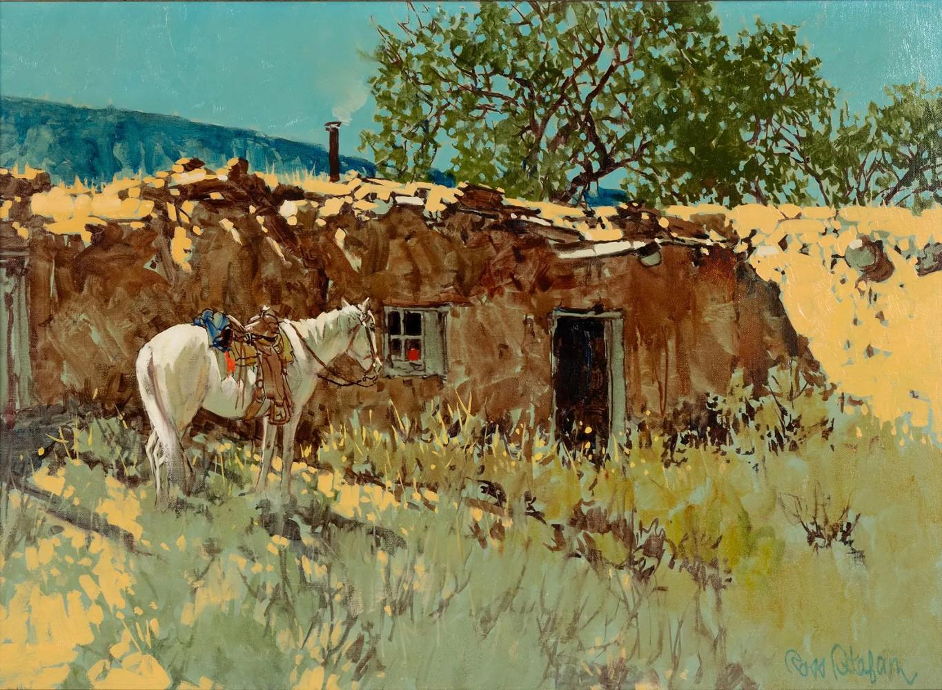 Ross Stefan Landscape Painting - "LUPES, WHITE HORSE" SOUTH OF TAOS, RIO GRANDE RANCH
