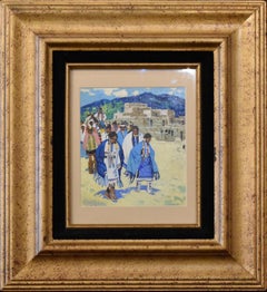 "PUEBLO" NATIVE AMERICAN MARCH IN FRONT OF PUEBLO ARIZONA ARTIST