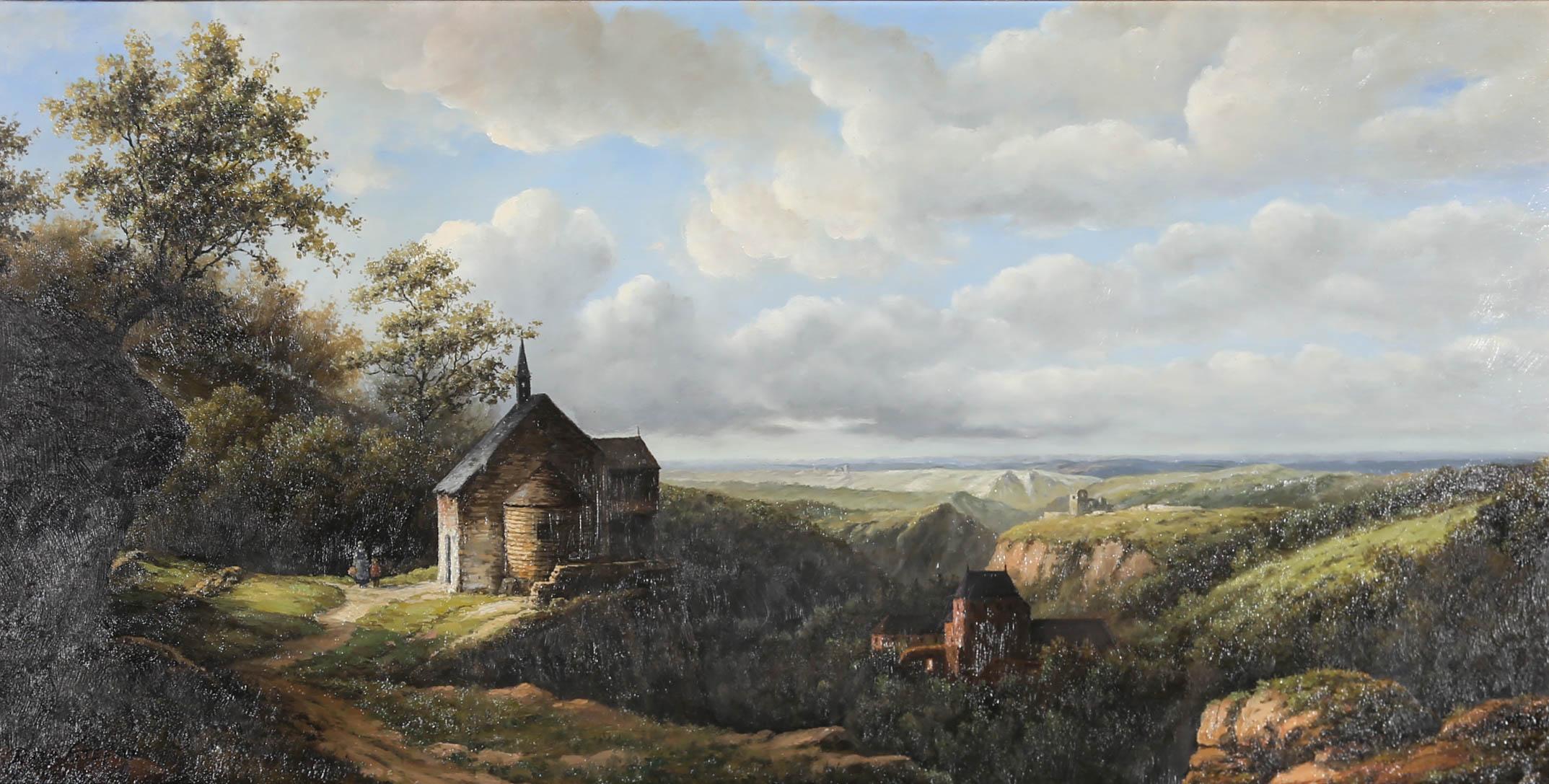 An accomplished oil painting by Ross Stefan, depicting a romanticised continental view with figures outside a small stone chapel. Situated in the wooded valley below is a grand chaetae residence. The painting is signed to the lower left. Well