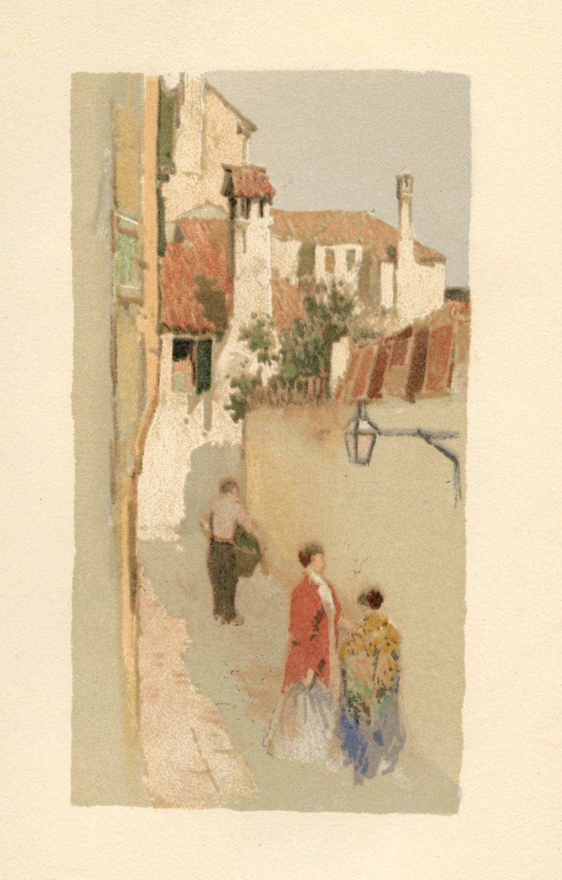 Medium: chromolithograph (after the watercolor). This delightful antique lithograph was published in a small edition in 1892 to illustrate a rare volume with scenes of Venetian life. A beautiful impression printed on cream wove paper. Image size: 4