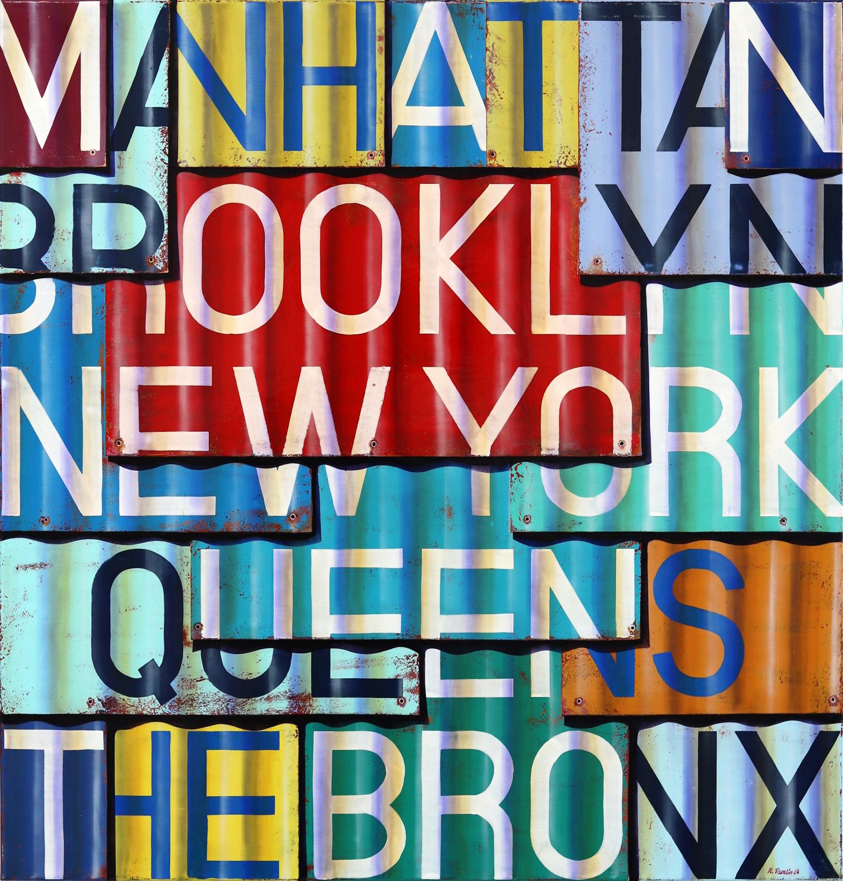 Ross Tamlin Interior Painting - New York - Photorealistic Sign Painting with Oil and Enamel on Canvas