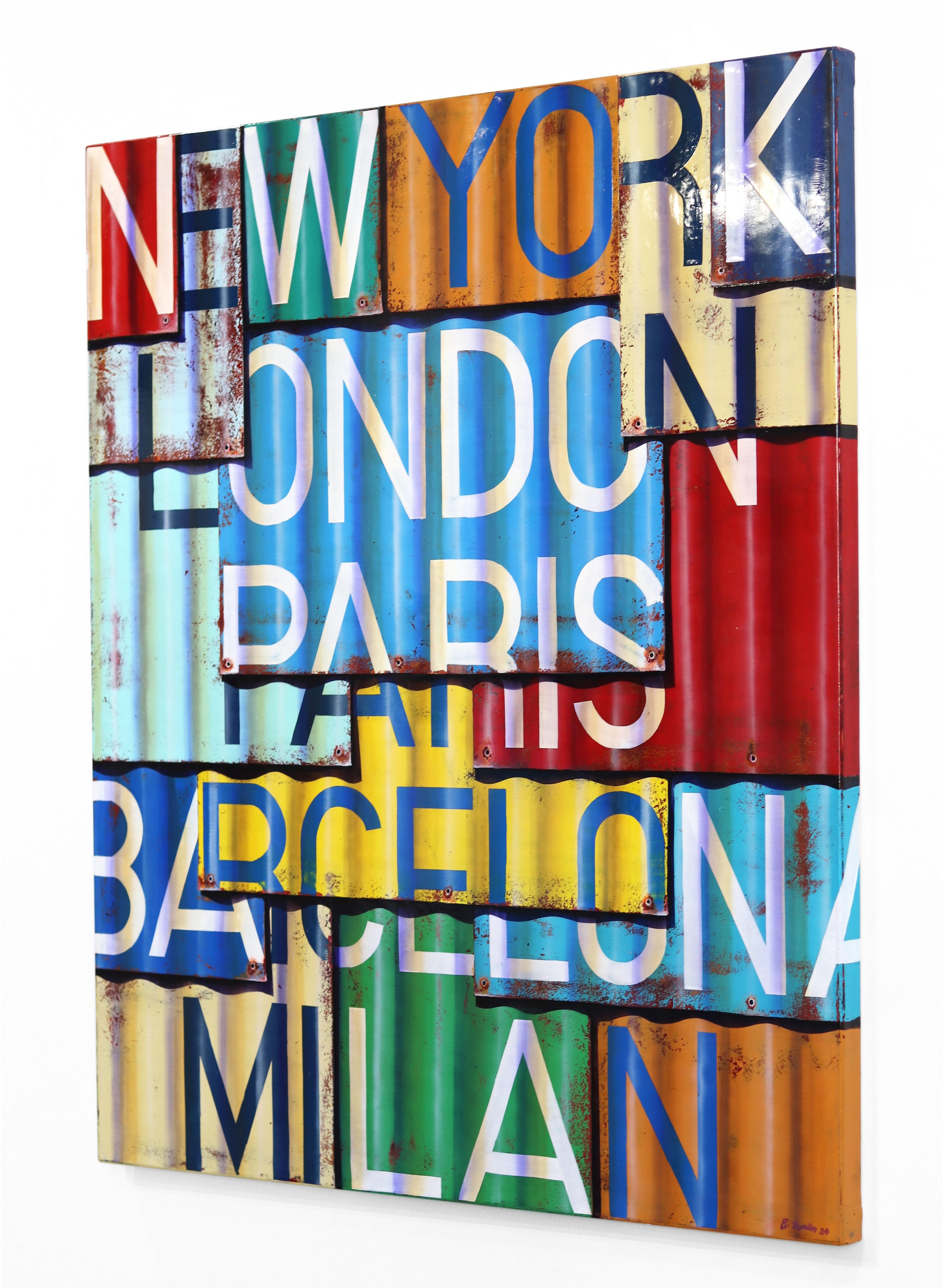 New York nach Mailand - Fotorealistisches Gemälde in Öl und Emaille auf Leinwand im Angebot 1