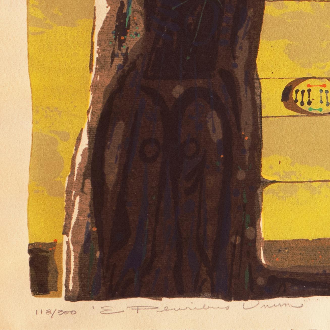 'E Pluribus Unum', Modernist Silk Screen, Walt Disney, San Miguel de Allende - Yellow Abstract Print by Ross Wetzel