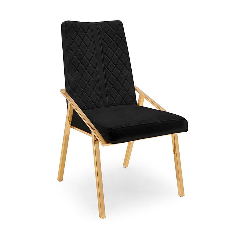 Chair Rossario covered with velvet quilted fabric in
black finish. With structure in gold metal finish.
Also available covered with velvet quilted fabric in
grey or white or pink or blue sky finish with gold metal
structure. Also available covered