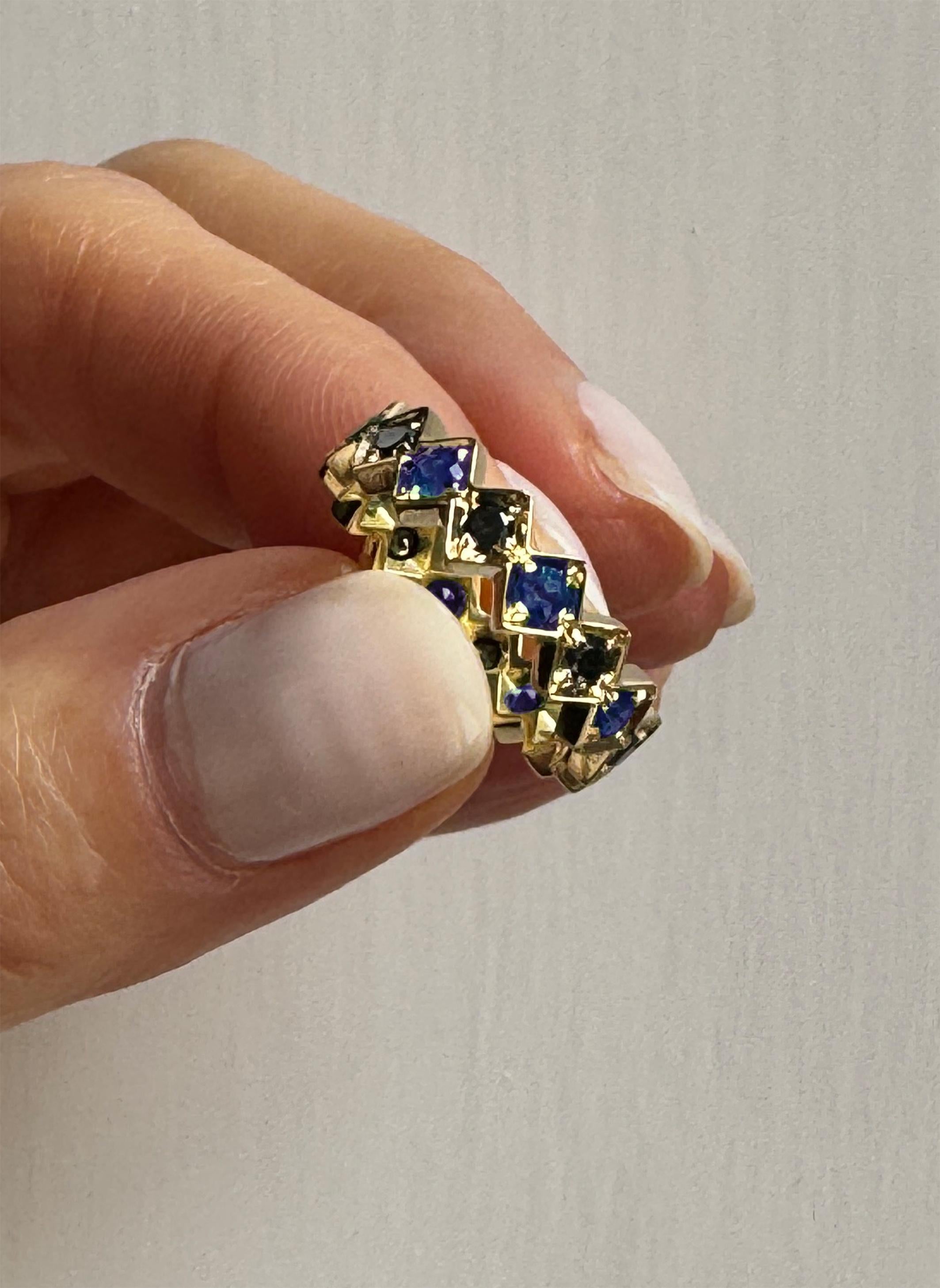 Rossella Ugolini 0.60c Sapphire Black Diamonds 18k Yellow Gold Band Ring In New Condition For Sale In Rome, IT