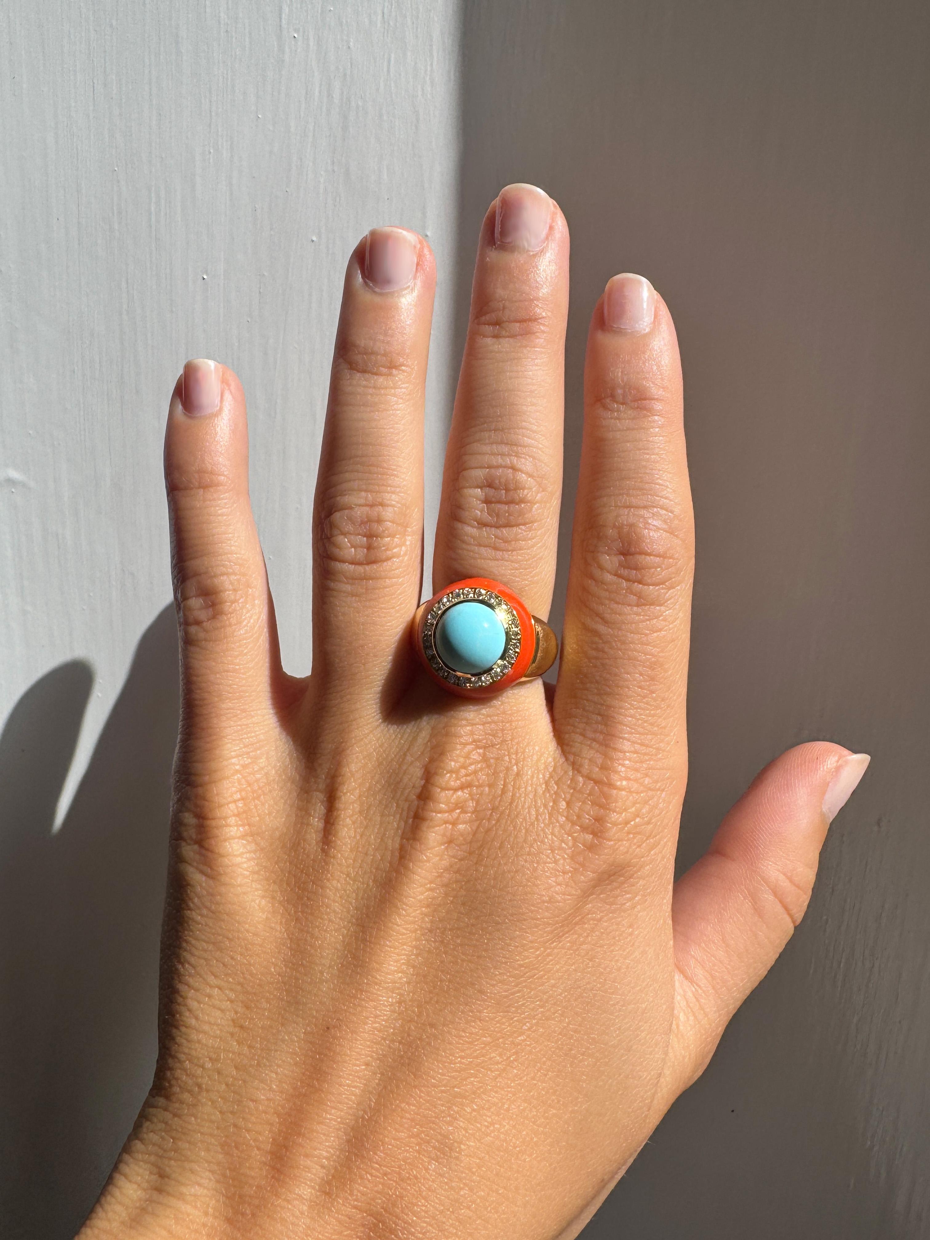 Rossella Ugolini Or jaune 18K Turquoise 0,23 carats Diamants blancs émail orange dans une teinte 