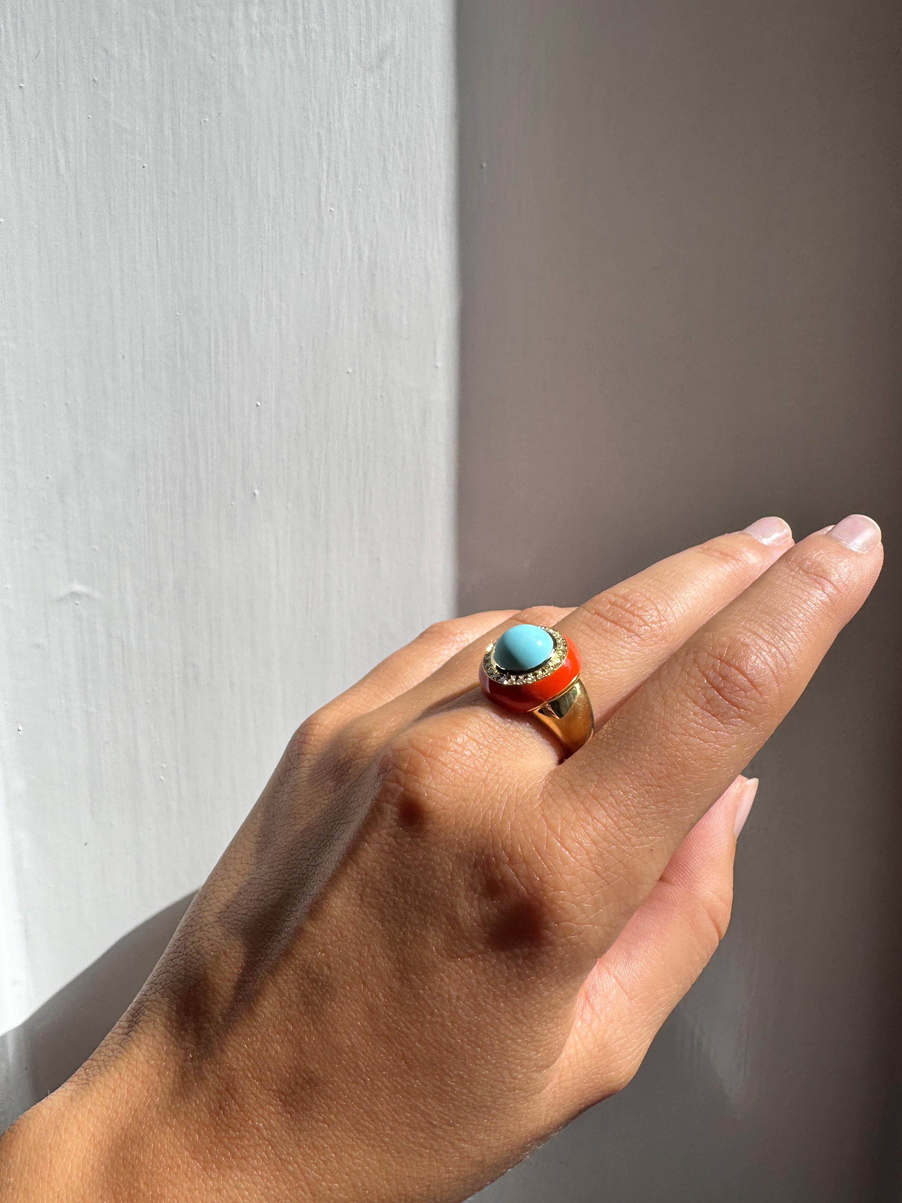 Art déco Bague de cocktail en or jaune 18 carats Turquoise et diamants blancs Rossella Ugolini en vente