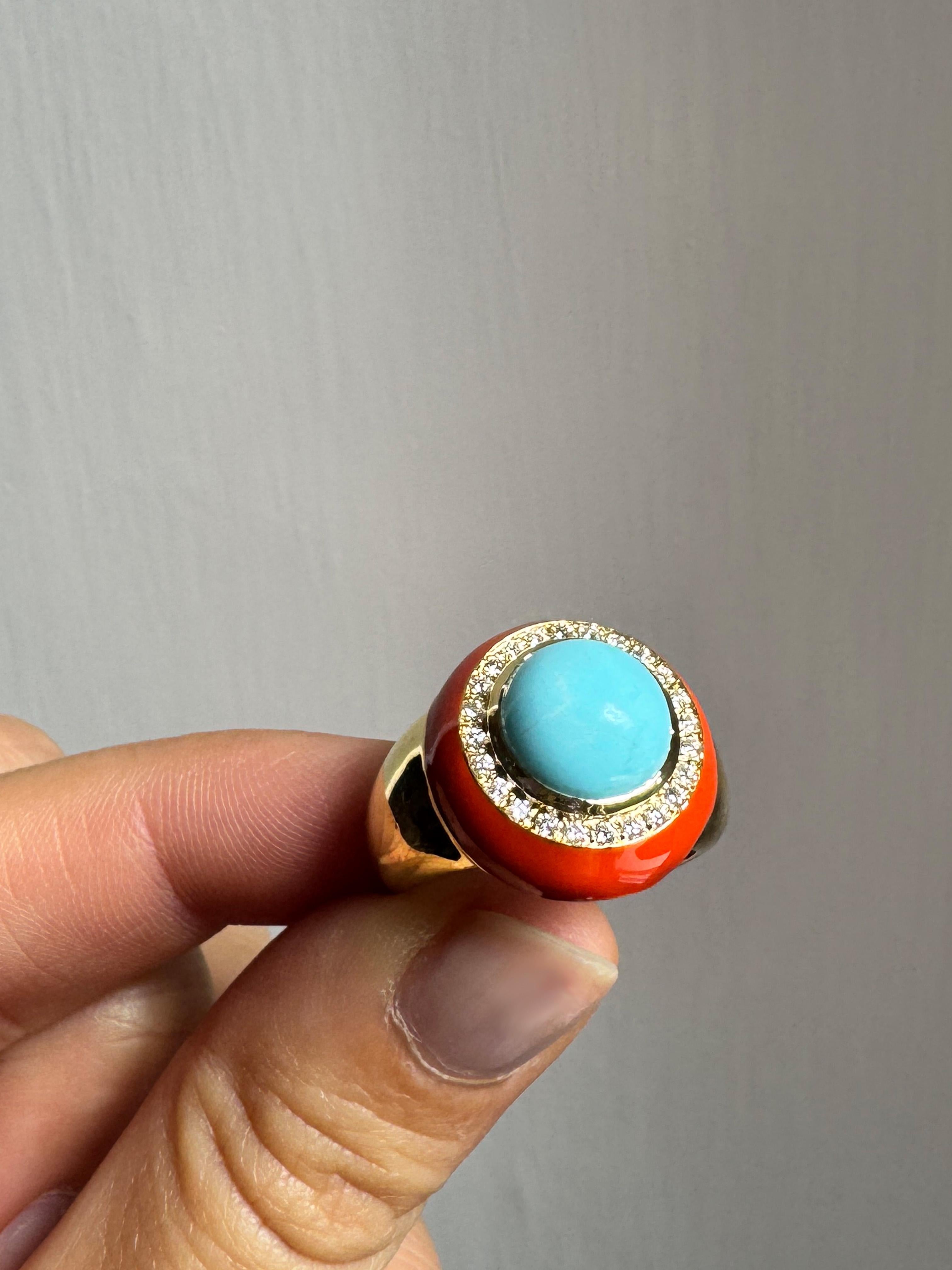 Taille brillant Bague de cocktail en or jaune 18 carats Turquoise et diamants blancs Rossella Ugolini en vente