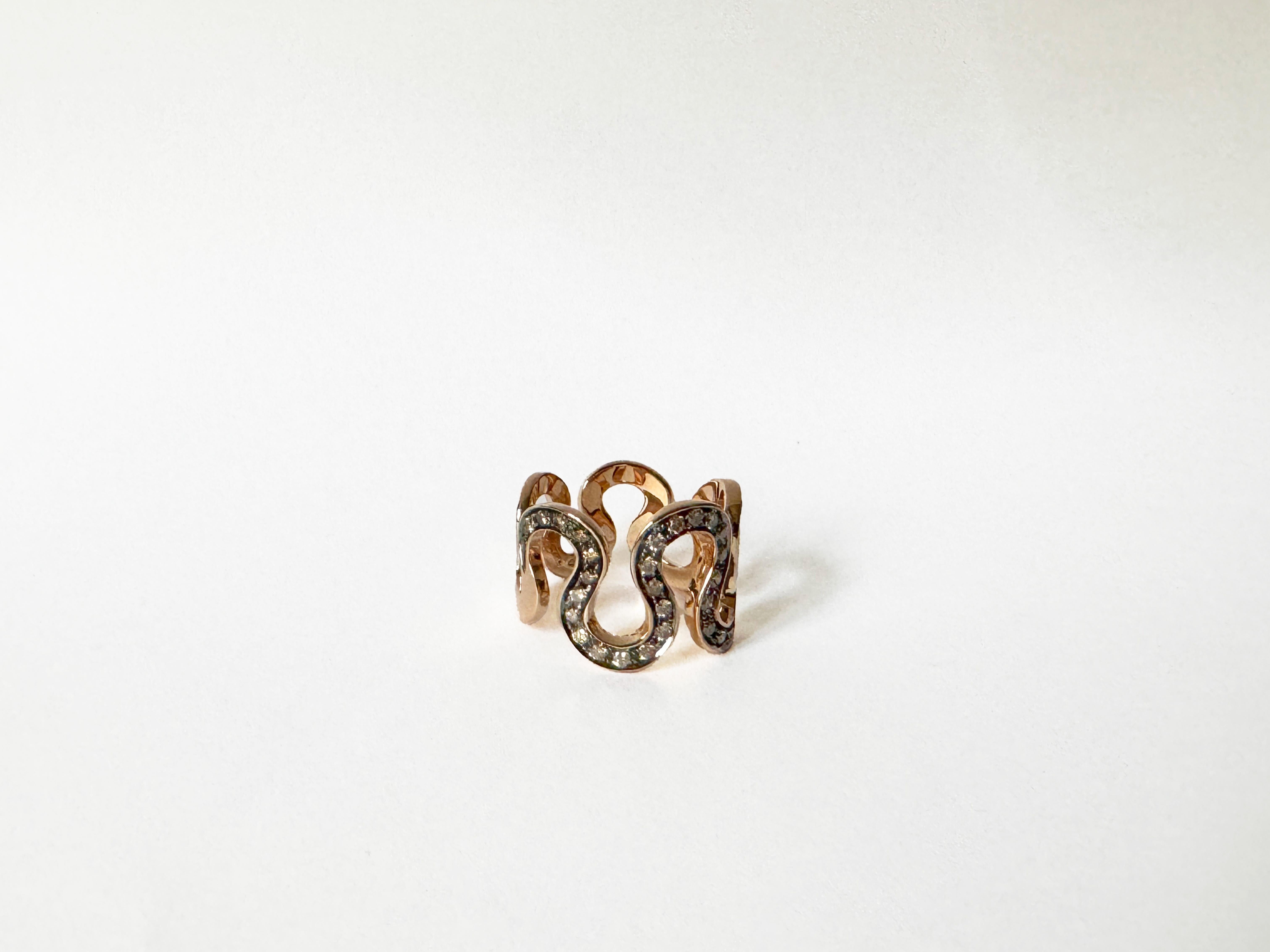 Rossella Ugolini 18k Gold 0.87 Ct Brown Diamonds Wave Band Unisex Ring For Sale 1