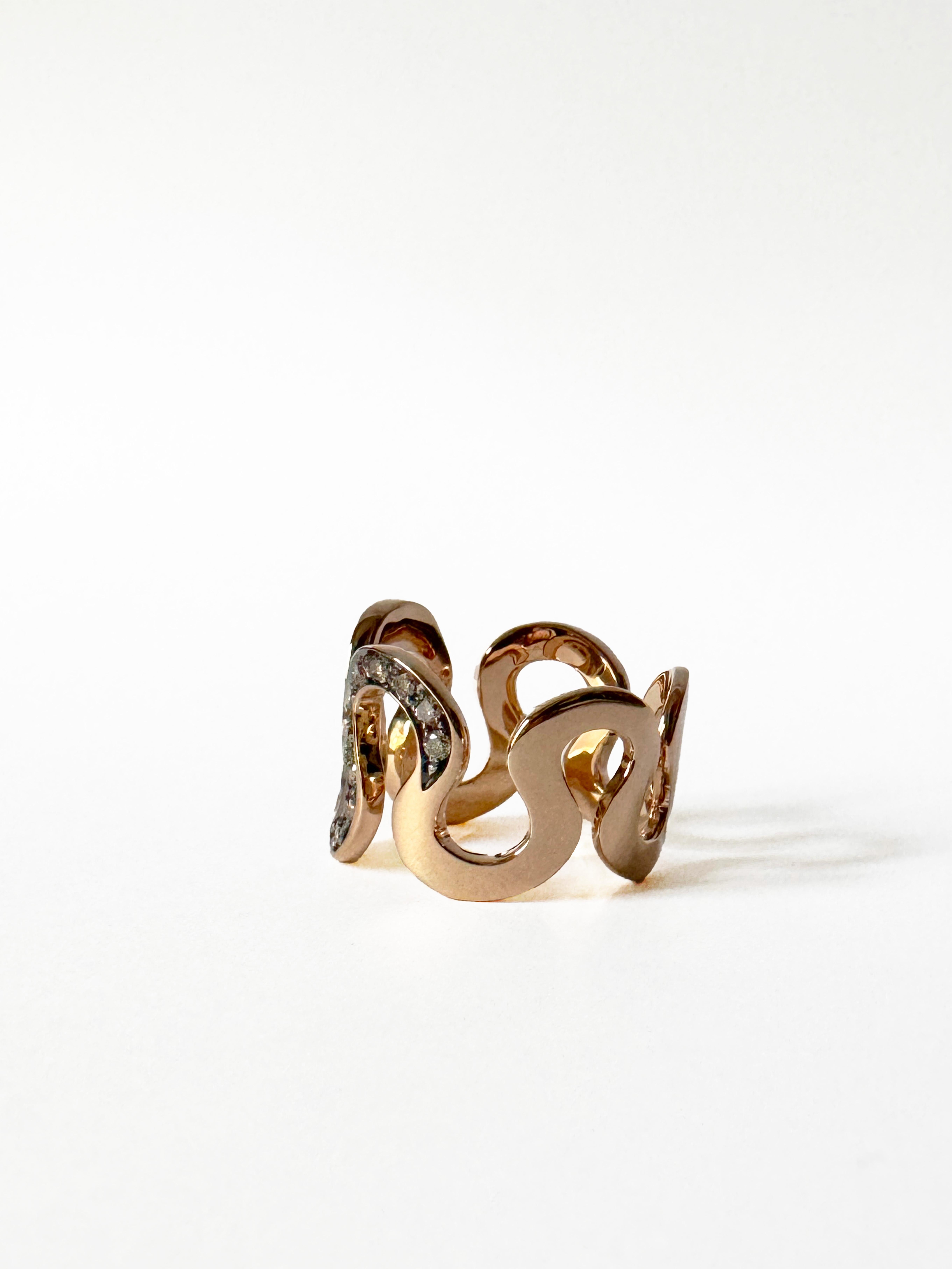 Rossella Ugolini 18k Gold 0.87 Ct Brown Diamonds Wave Band Unisex Ring For Sale 3
