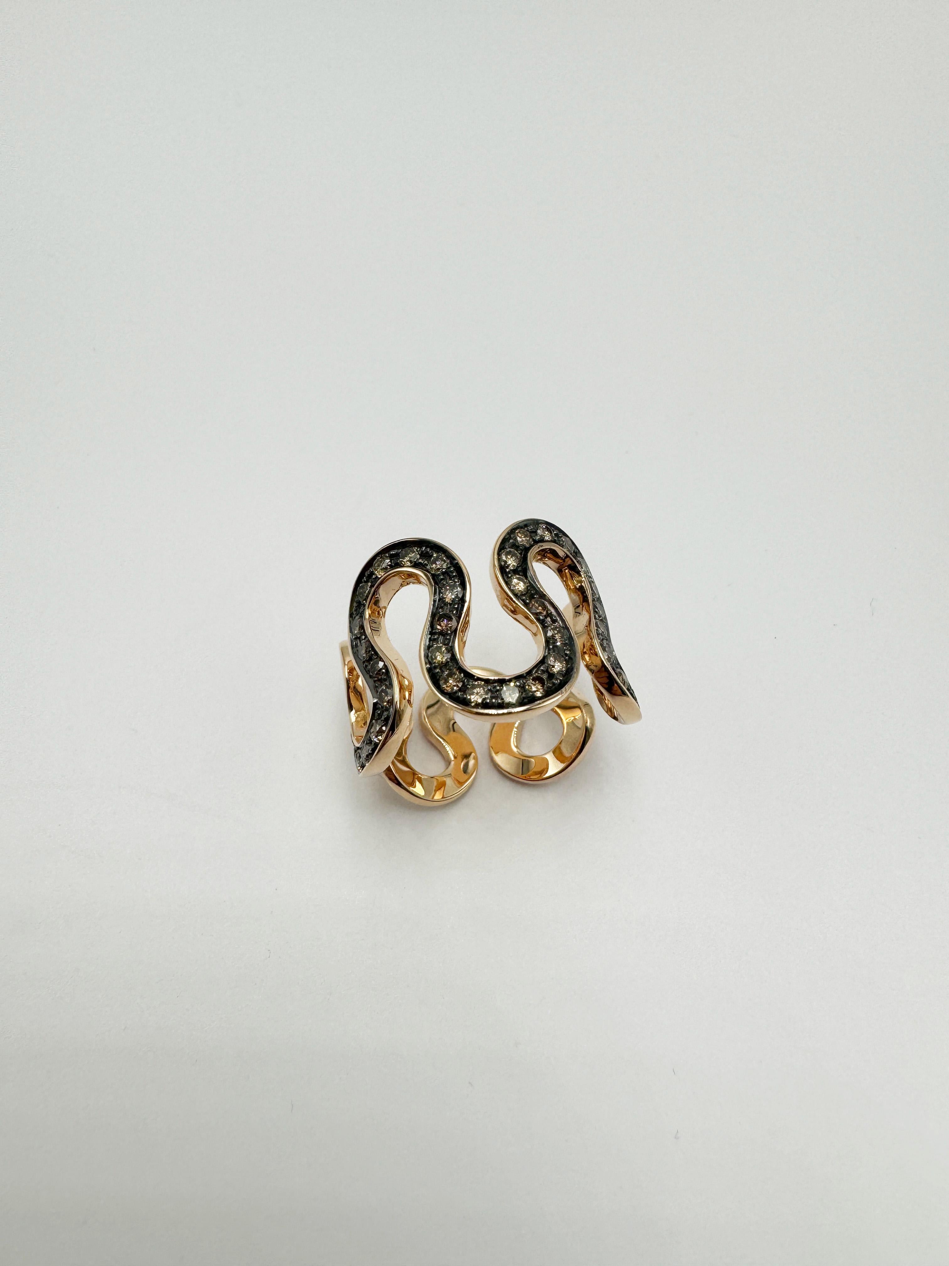 Rossella Ugolini 18k Gold 0.87 Ct Brown Diamonds Wave Band Unisex Ring For Sale 6