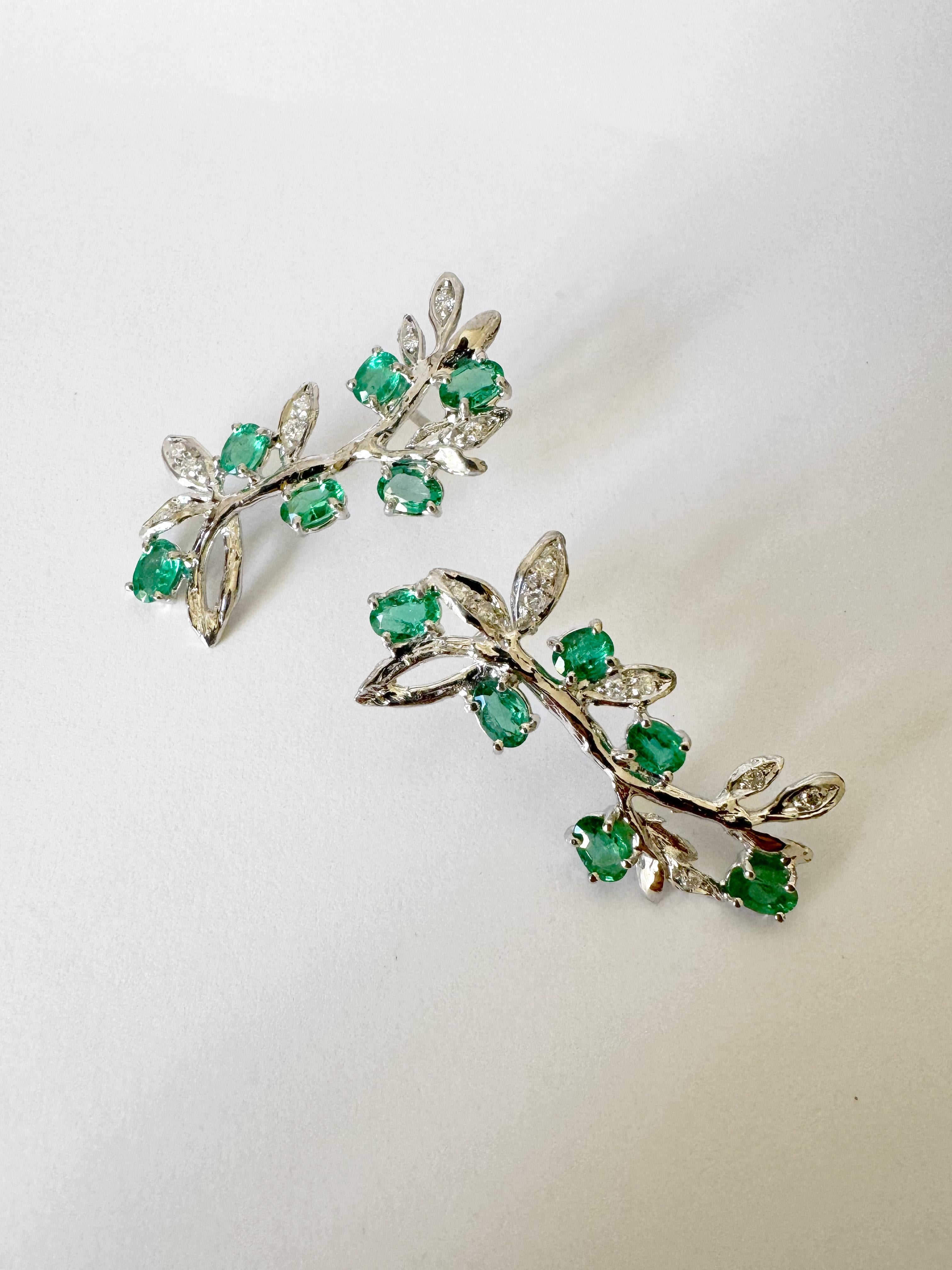 Rossella Ugolini 18K Gold 2 ct. Oval Emerald White Diamonds Olive Stud Earrings For Sale 1