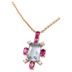 Rossella Ugolini 18K Gold Aquamarine Diamonds Flower shape Pendant Necklace