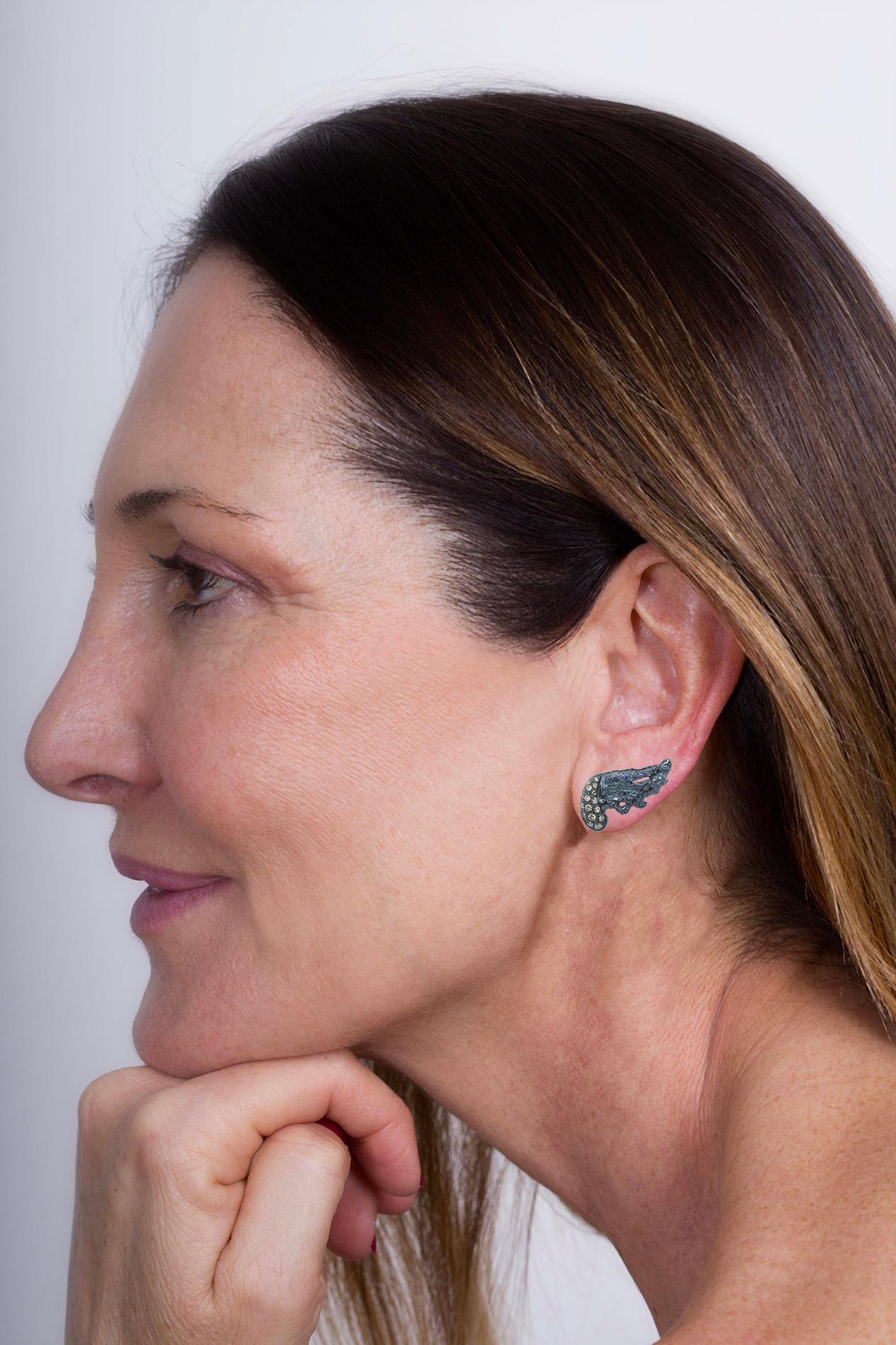 Art Deco Rossella Ugolini 18K Gold Sapphire 0.30ct Brown Diamonds Feather Stud Earrings For Sale