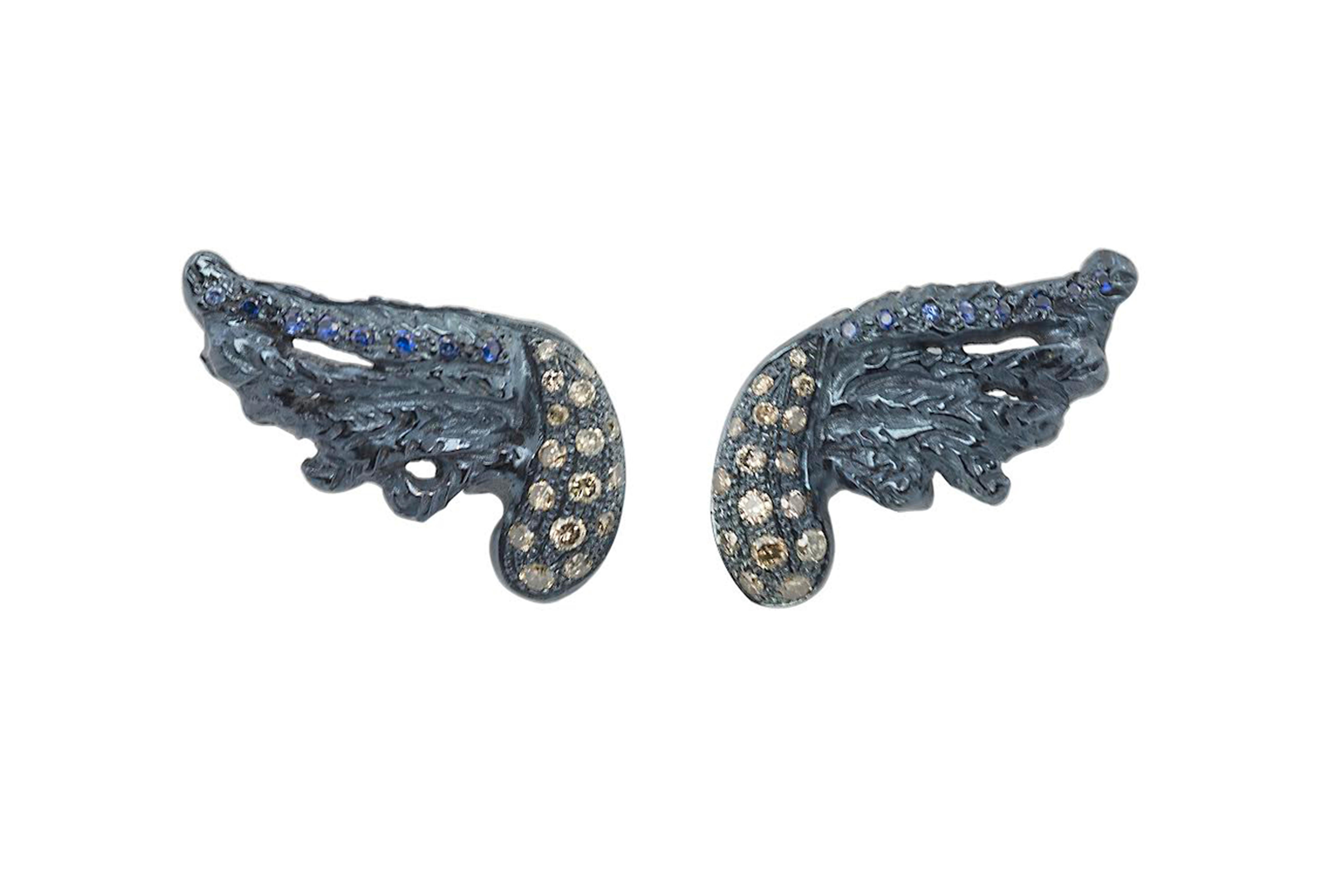 Brilliant Cut Rossella Ugolini 18K Gold Sapphire 0.30ct Brown Diamonds Feather Stud Earrings For Sale