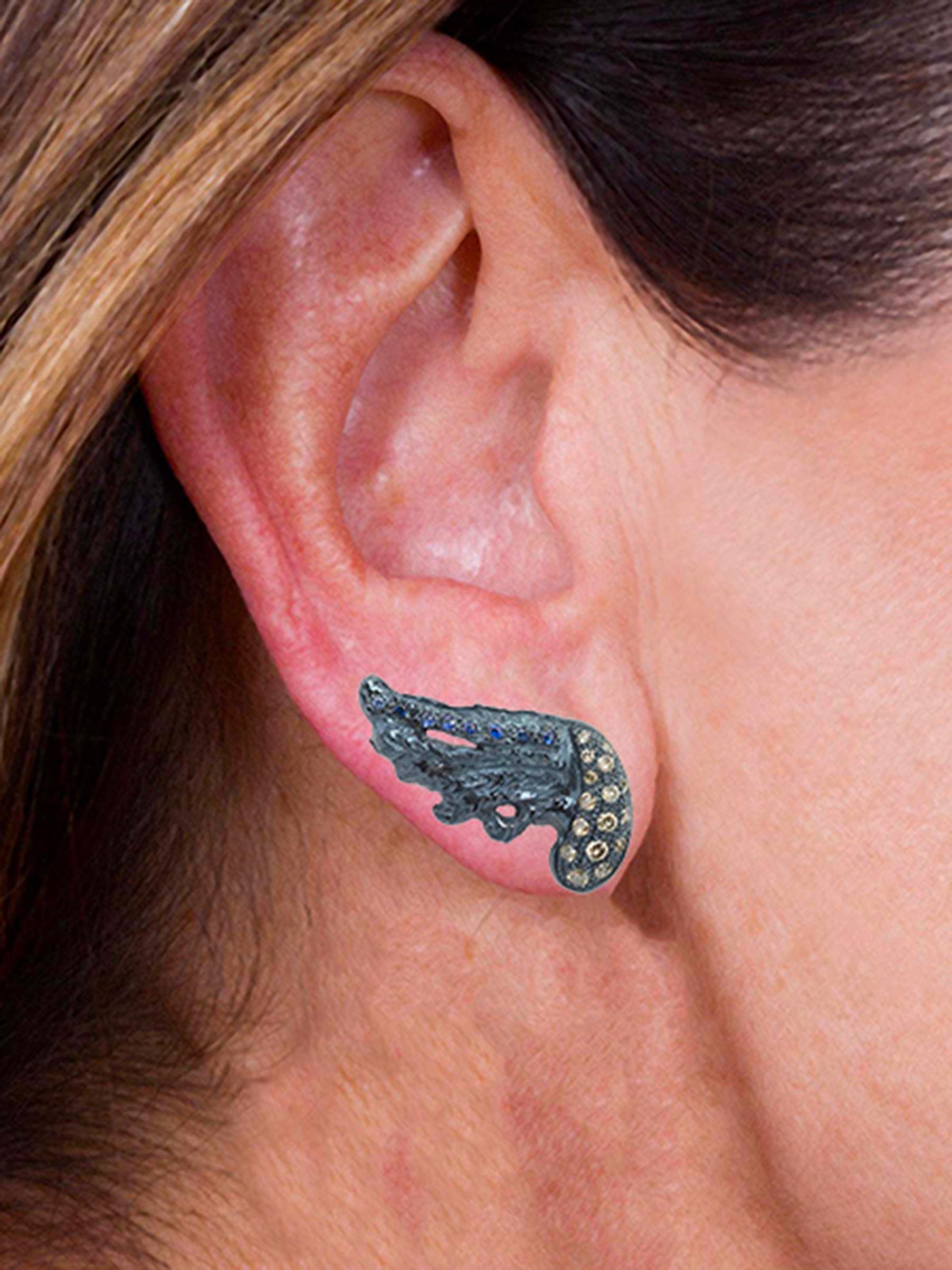 Rossella Ugolini 18K Gold Sapphire 0.30ct Brown Diamonds Feather Stud Earrings In New Condition For Sale In Rome, IT