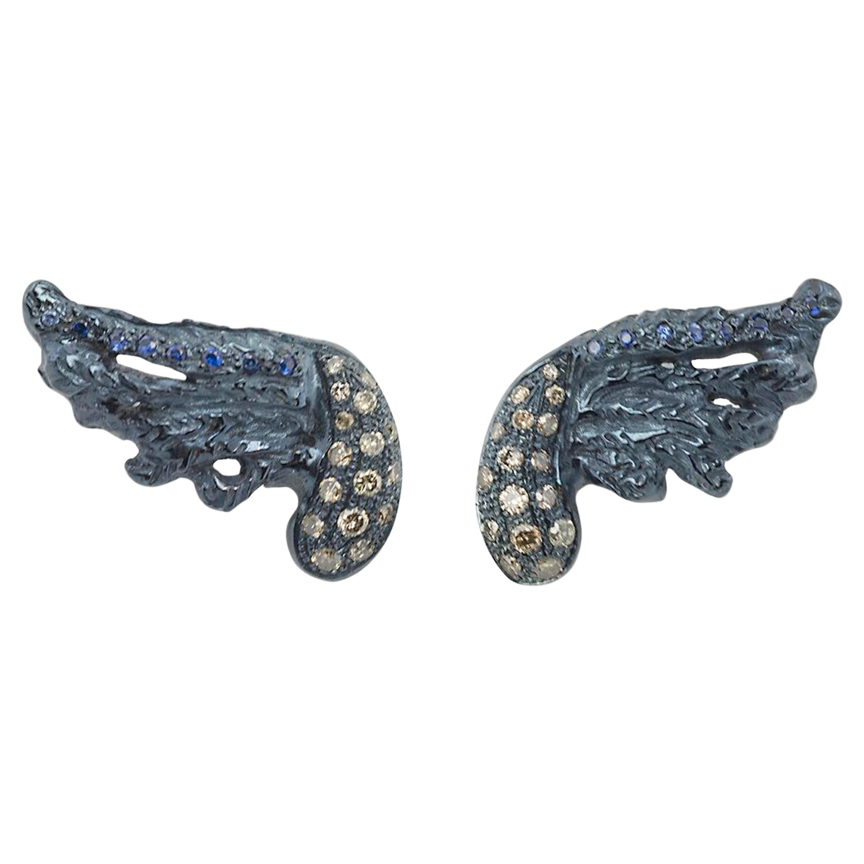 Rossella Ugolini 18K Gold Sapphire 0.30ct Brown Diamonds Feather Stud Earrings