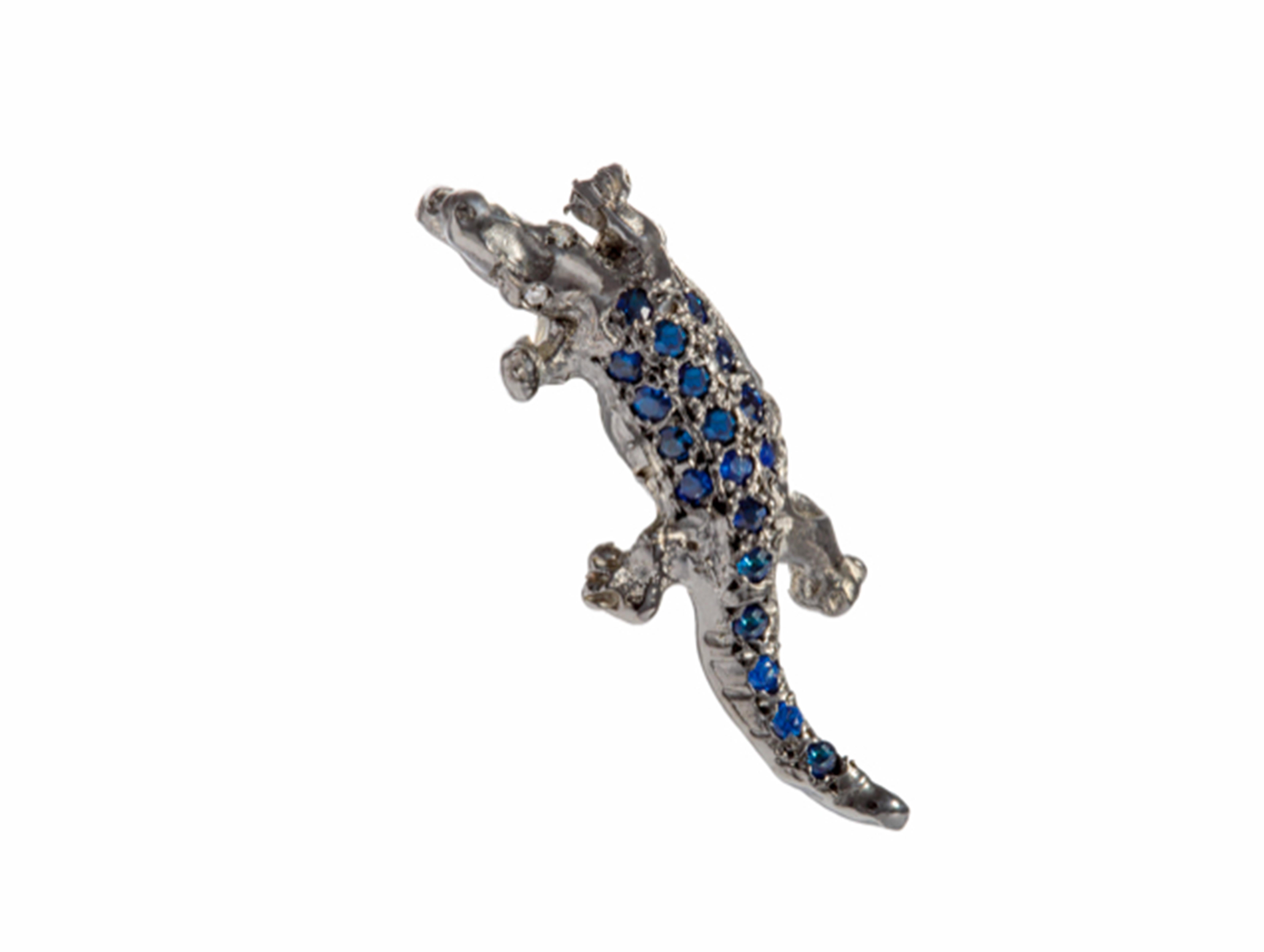 Rossella Ugolini 18k Gold Blauer Saphir Weißer Diamant Alligator Man Anstecknadel (Brillantschliff) im Angebot