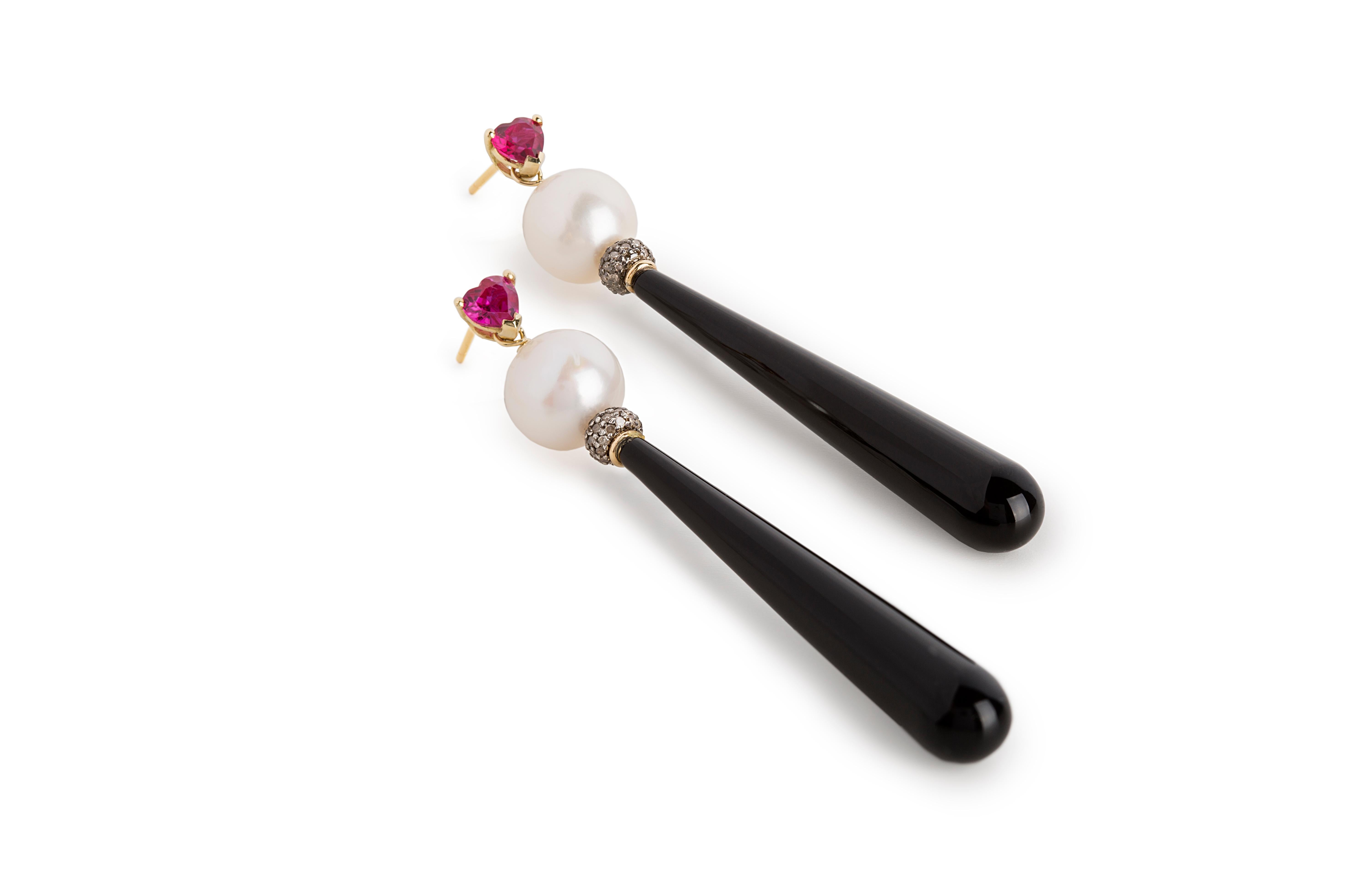 Art Deco Rossella Ugolini 18K Gold Deco Style Earrings Heart-Shaped Ruby Diamonds Onyx  For Sale