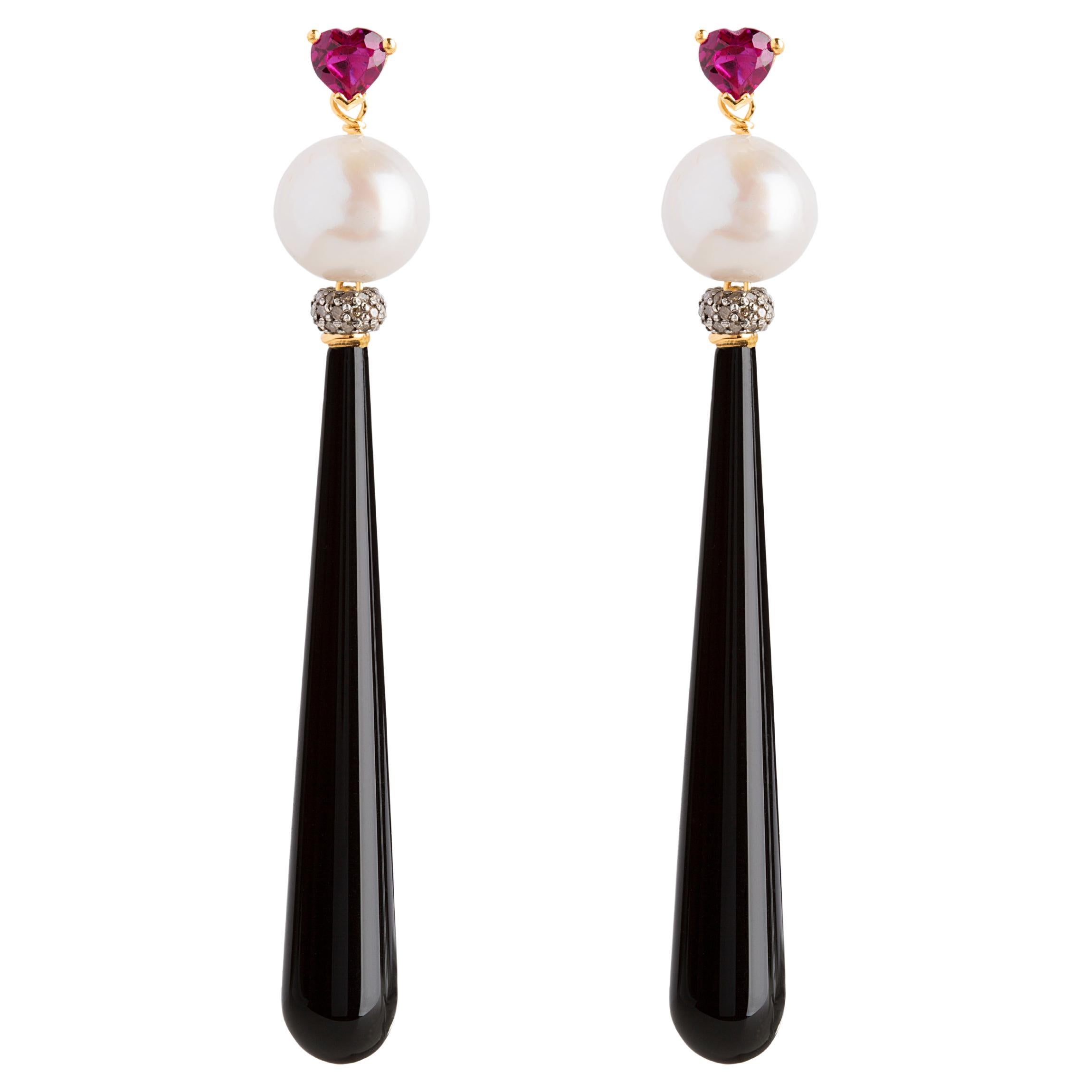 Rossella Ugolini 18K Gold Deco Style Earrings Heart-Shaped Ruby Diamonds Onyx  For Sale