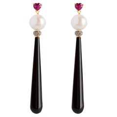 Rossella Ugolini 18K Gold Deco Style Earrings Heart-Shaped Ruby Diamonds Onyx 