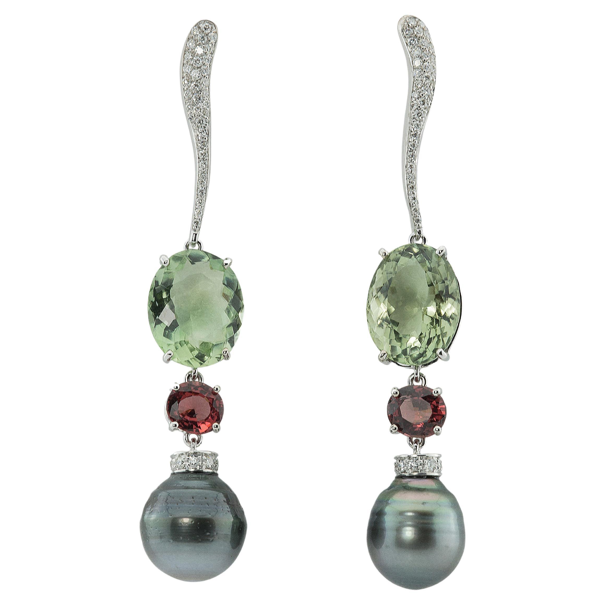 Rossella Ugolini 18K Gold Green Amethyst Garnet Diamonds Articulated Earrings For Sale