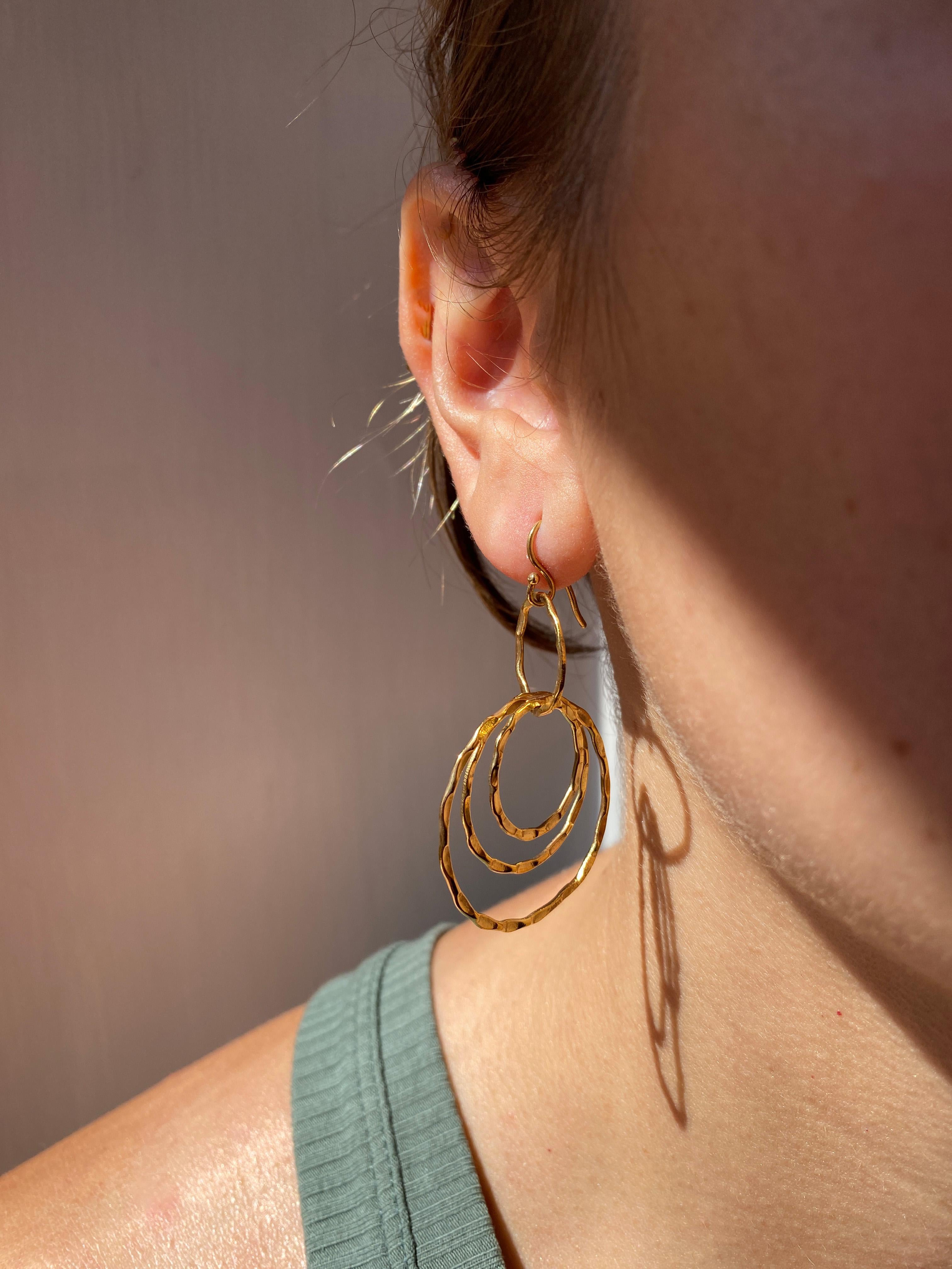 Modern Rossella Ugolini 18K Gold Hoops Dangle Handcrafted Hammered Earrings For Sale