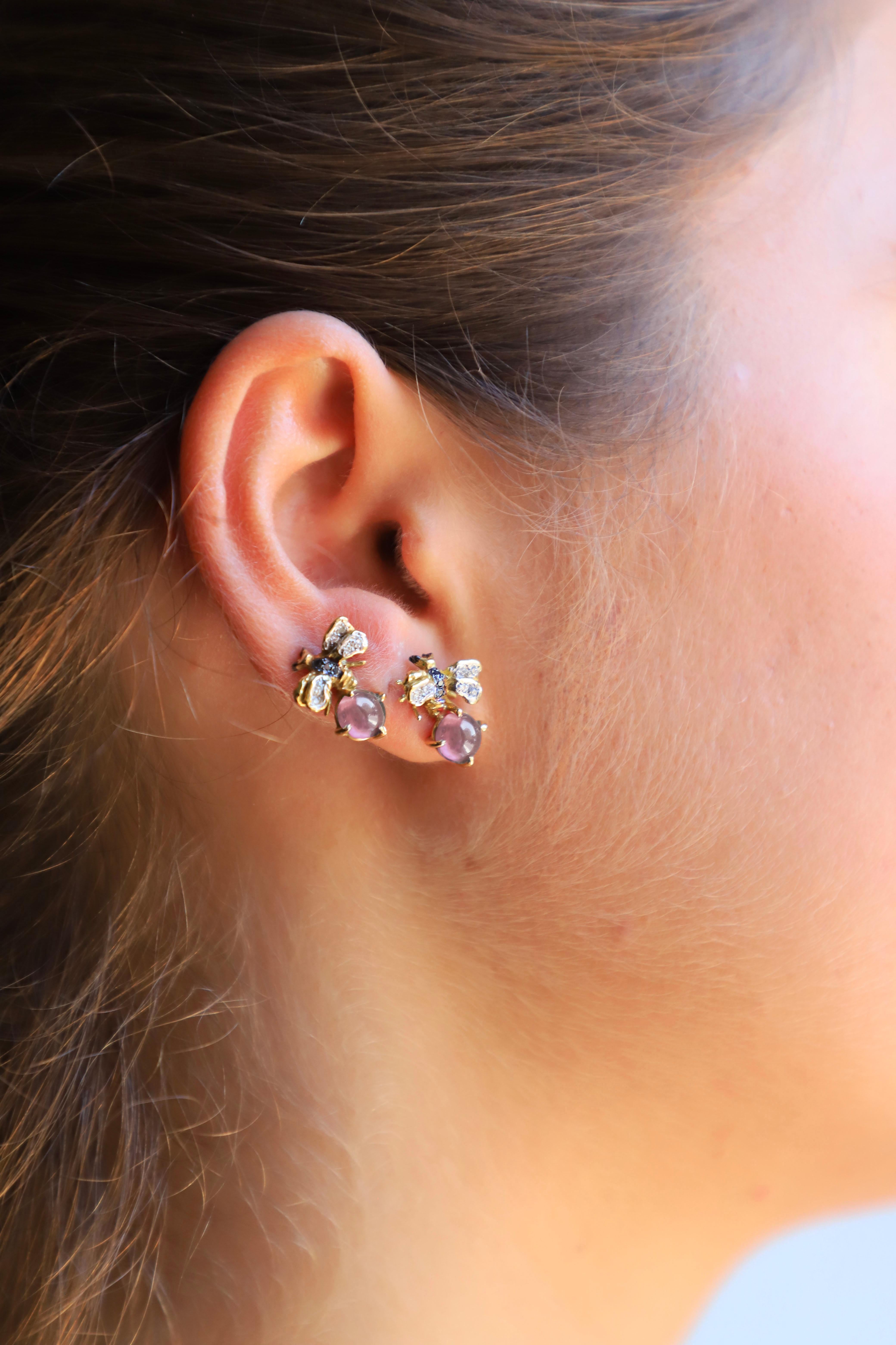 Rossella Ugolini 18K Gold Little Bee-Inspired Earrings Diamonds and Rose Quartz For Sale 4