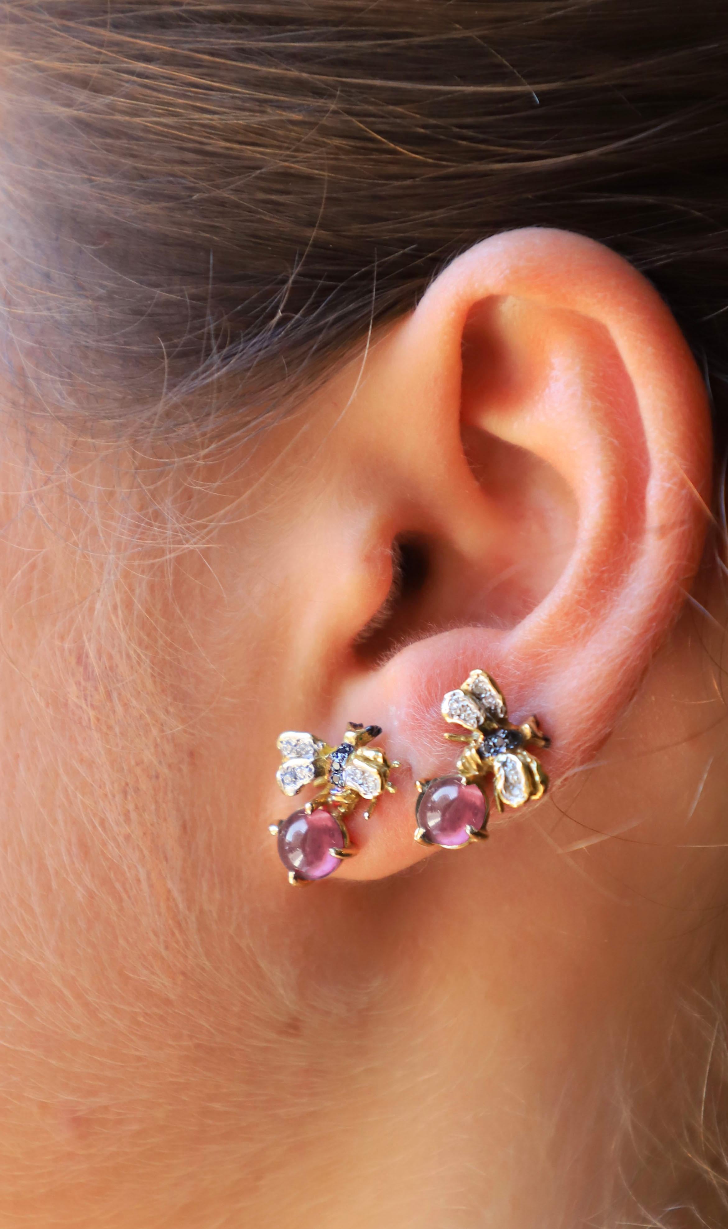 Rossella Ugolini 18K Gold Little Bee-Inspired Earrings Diamonds and Rose Quartz For Sale 5