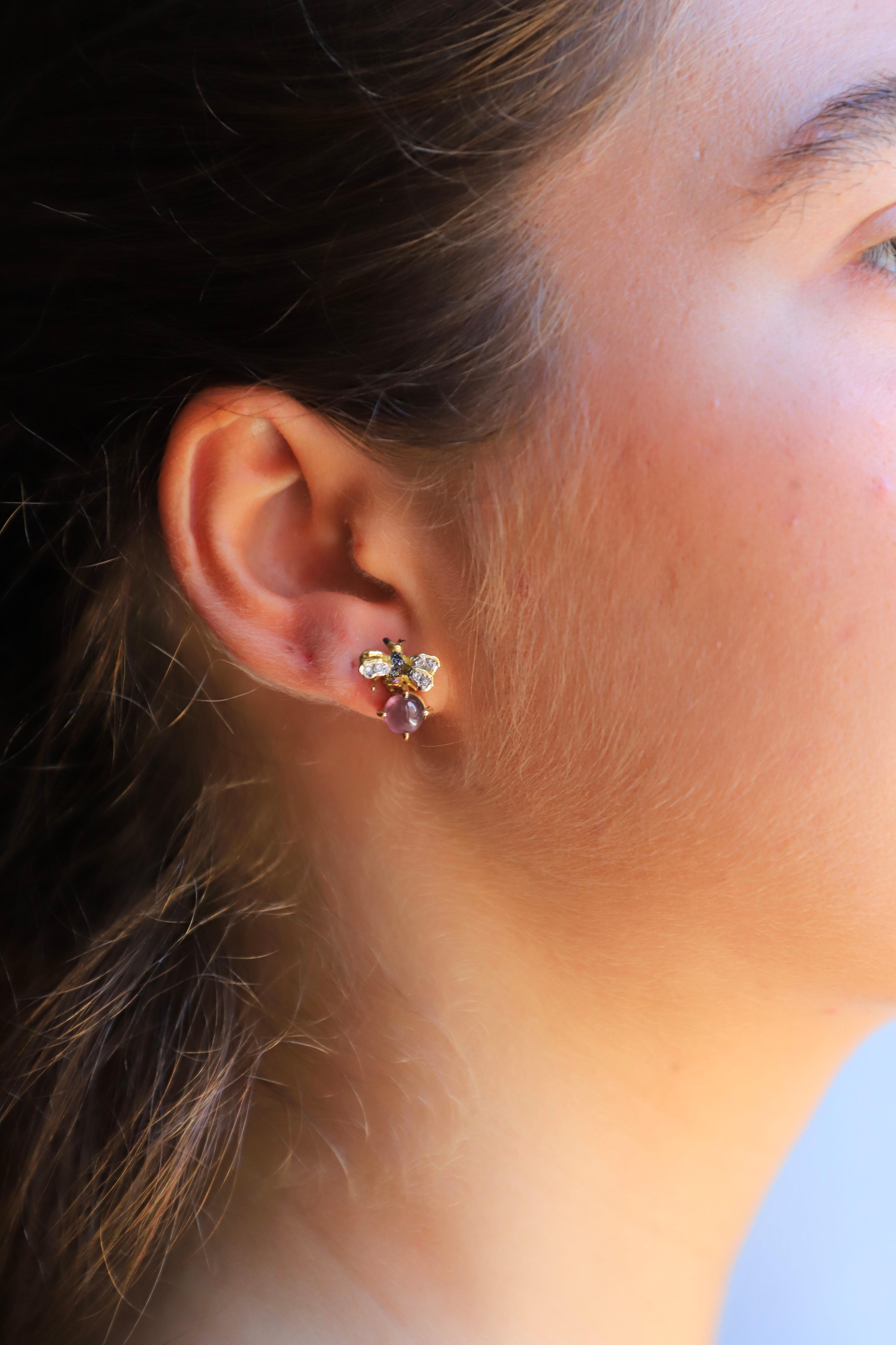 Romantic Rossella Ugolini 18K Gold Little Bee-Inspired Earrings Diamonds and Rose Quartz For Sale