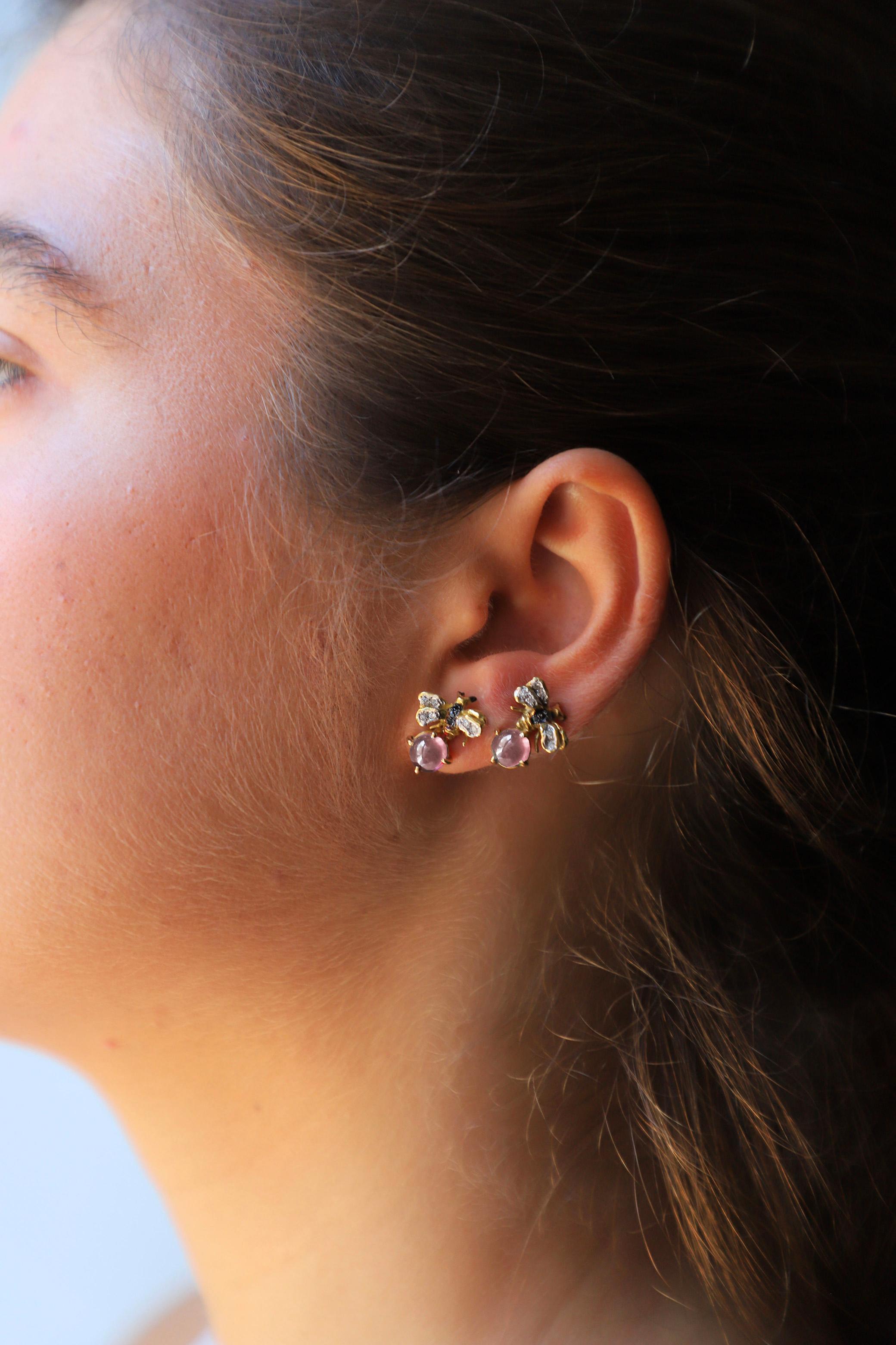Cabochon Rossella Ugolini 18K Gold Little Bee-Inspired Earrings Diamonds and Rose Quartz For Sale