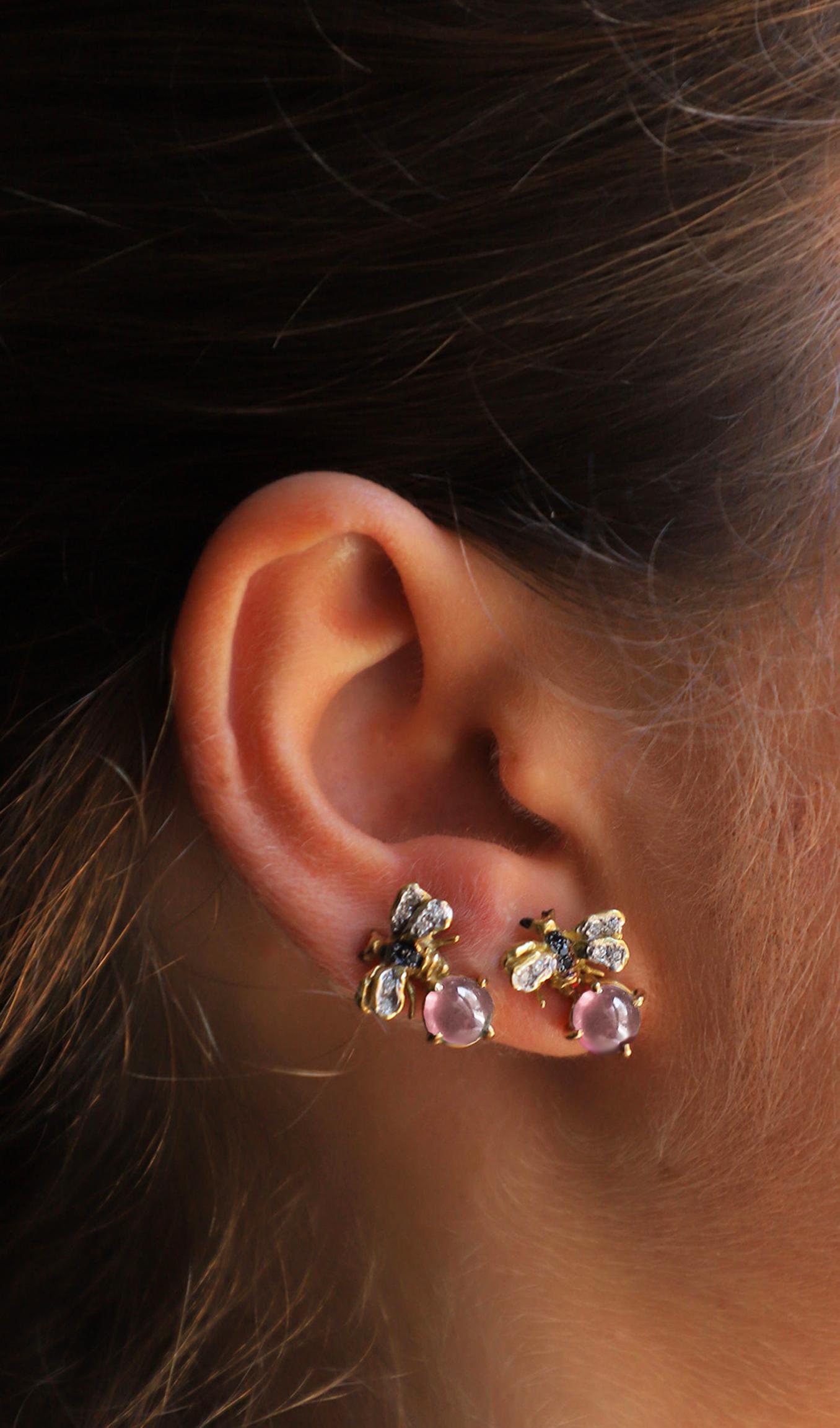 Rossella Ugolini 18K Gold Little Bee-Inspired Earrings Diamonds and Rose Quartz In New Condition For Sale In Rome, IT