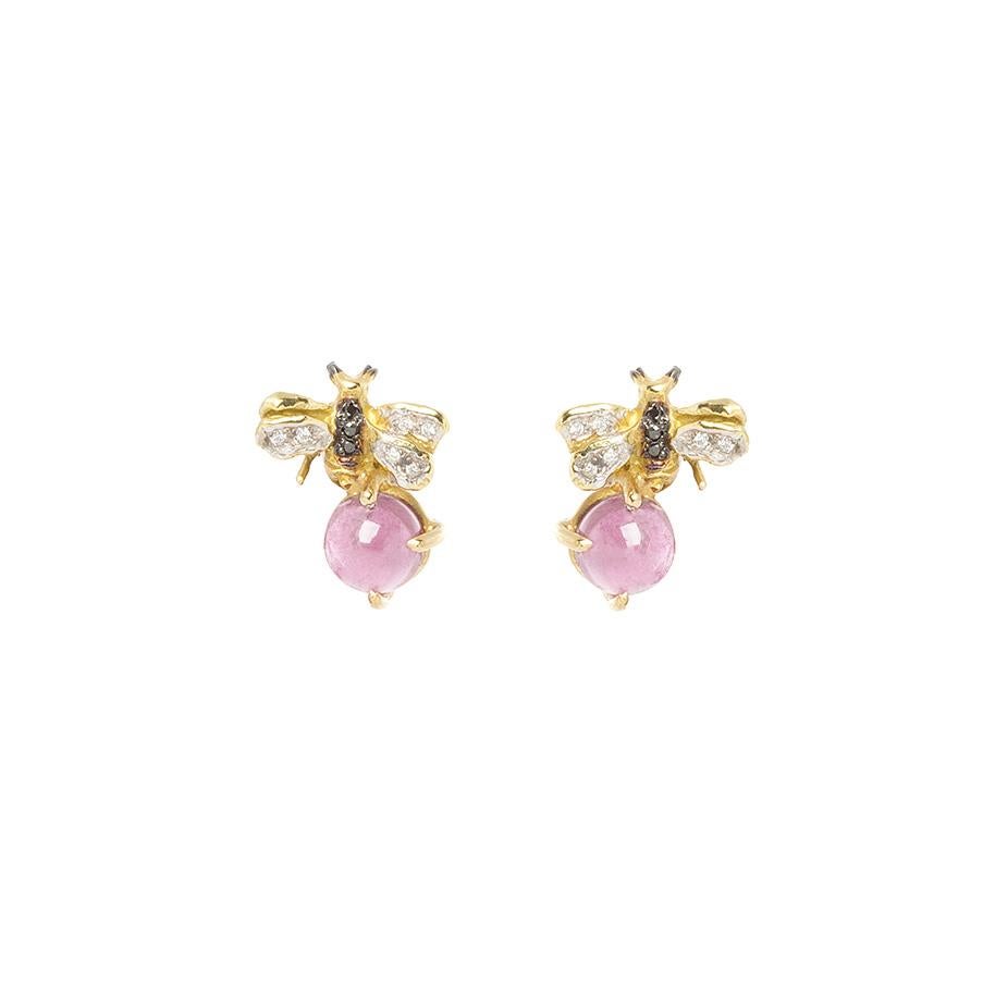 Women's or Men's Rossella Ugolini 18K Gold Little Bee-Inspired Earrings Diamonds and Rose Quartz For Sale