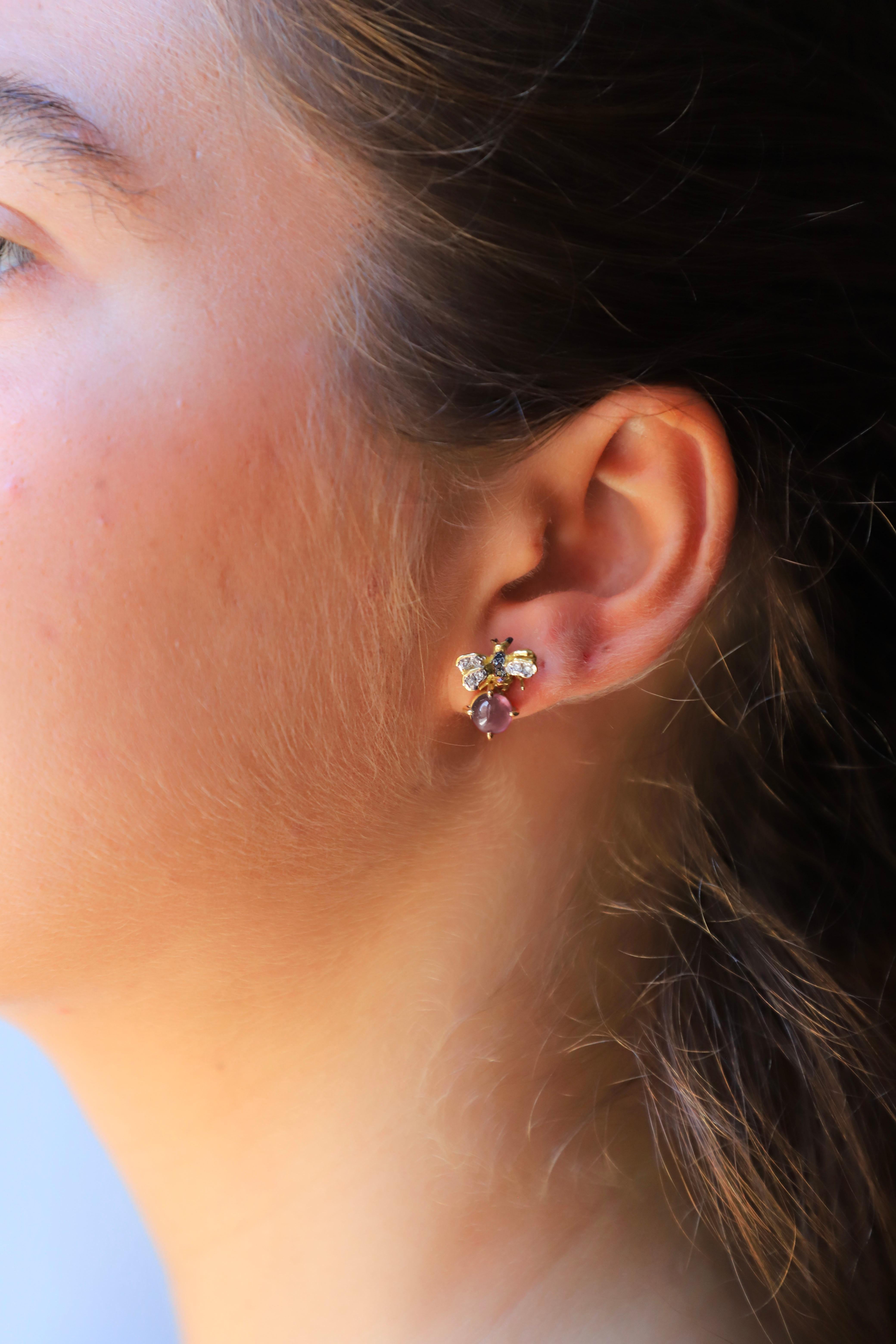 Rossella Ugolini 18K Gold Little Bee-Inspired Earrings Diamonds and Rose Quartz For Sale 1