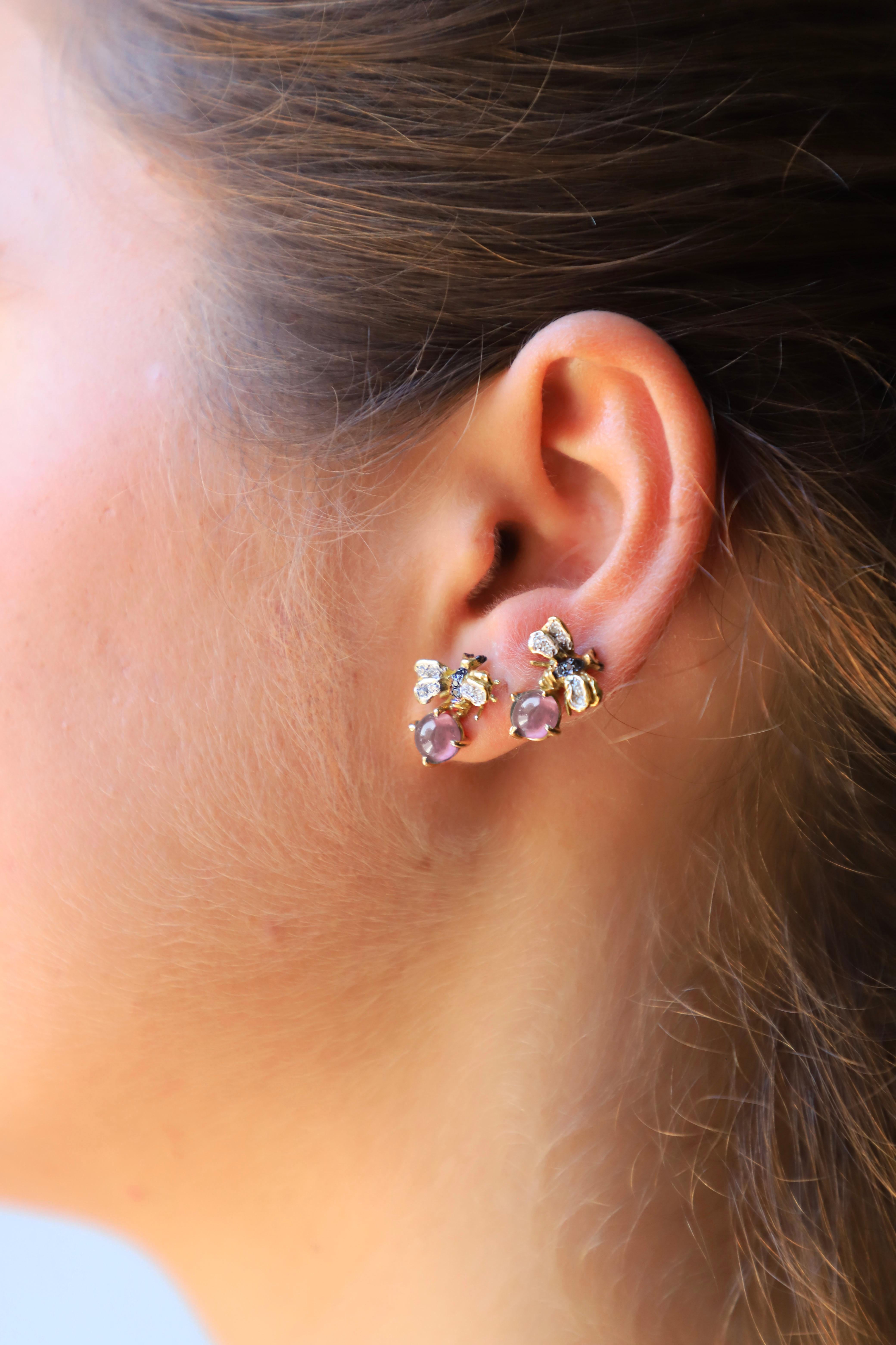 Rossella Ugolini 18K Gold Little Bee-Inspired Earrings Diamonds and Rose Quartz For Sale 2