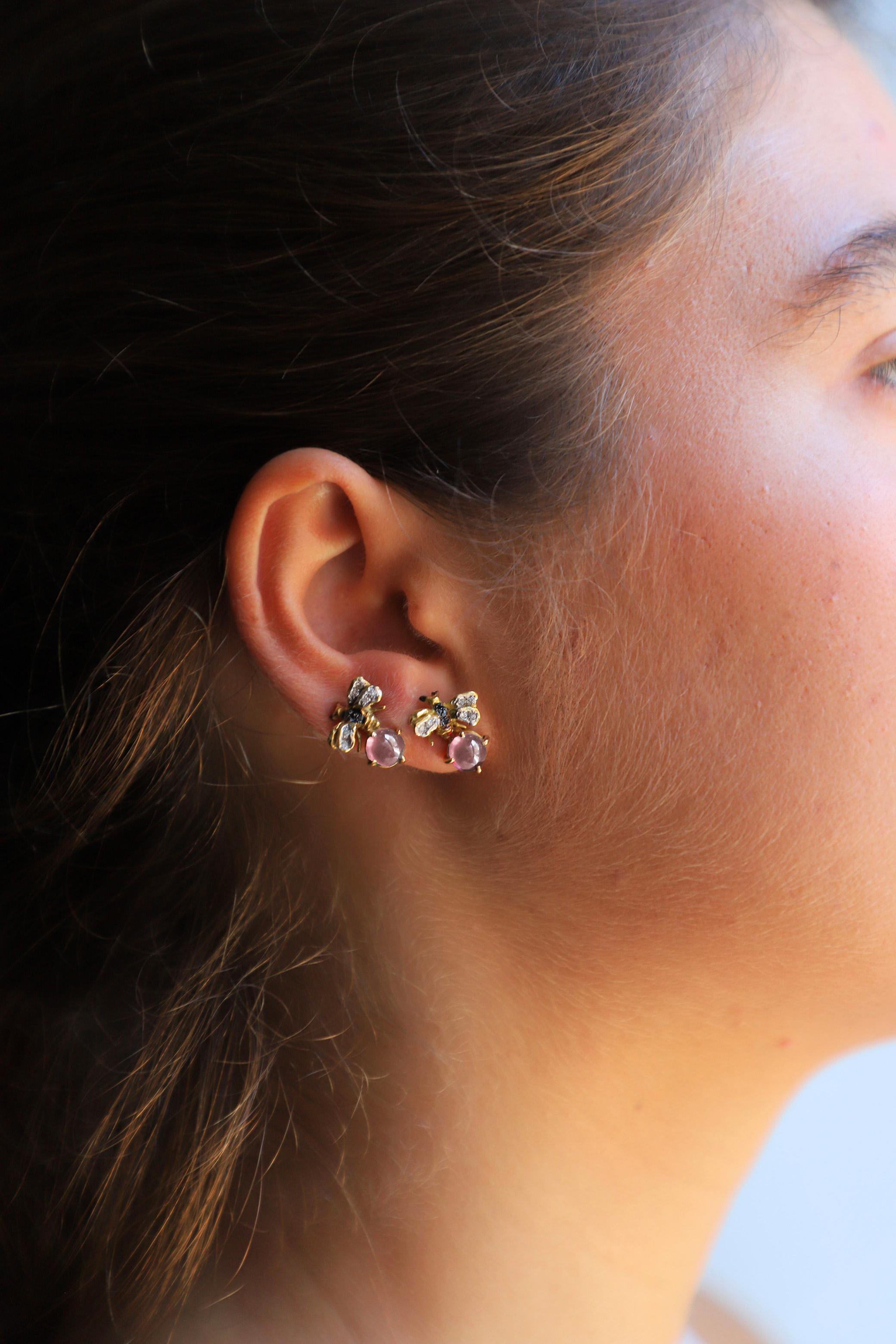 Rossella Ugolini 18K Gold Little Bee-Inspired Earrings Diamonds and Rose Quartz For Sale 3