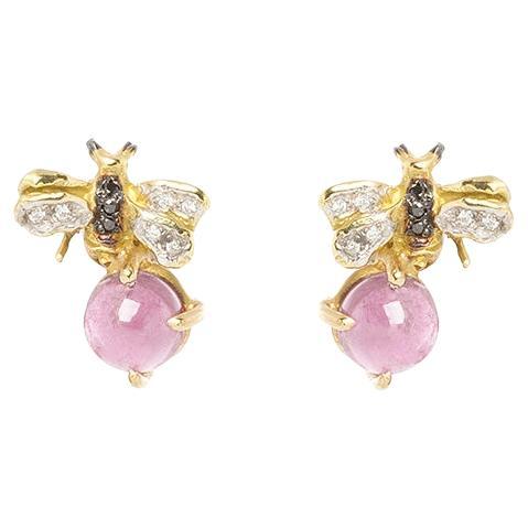 Rossella Ugolini 18K Gold Little Bee-Inspired Earrings Diamonds and Rose Quartz For Sale