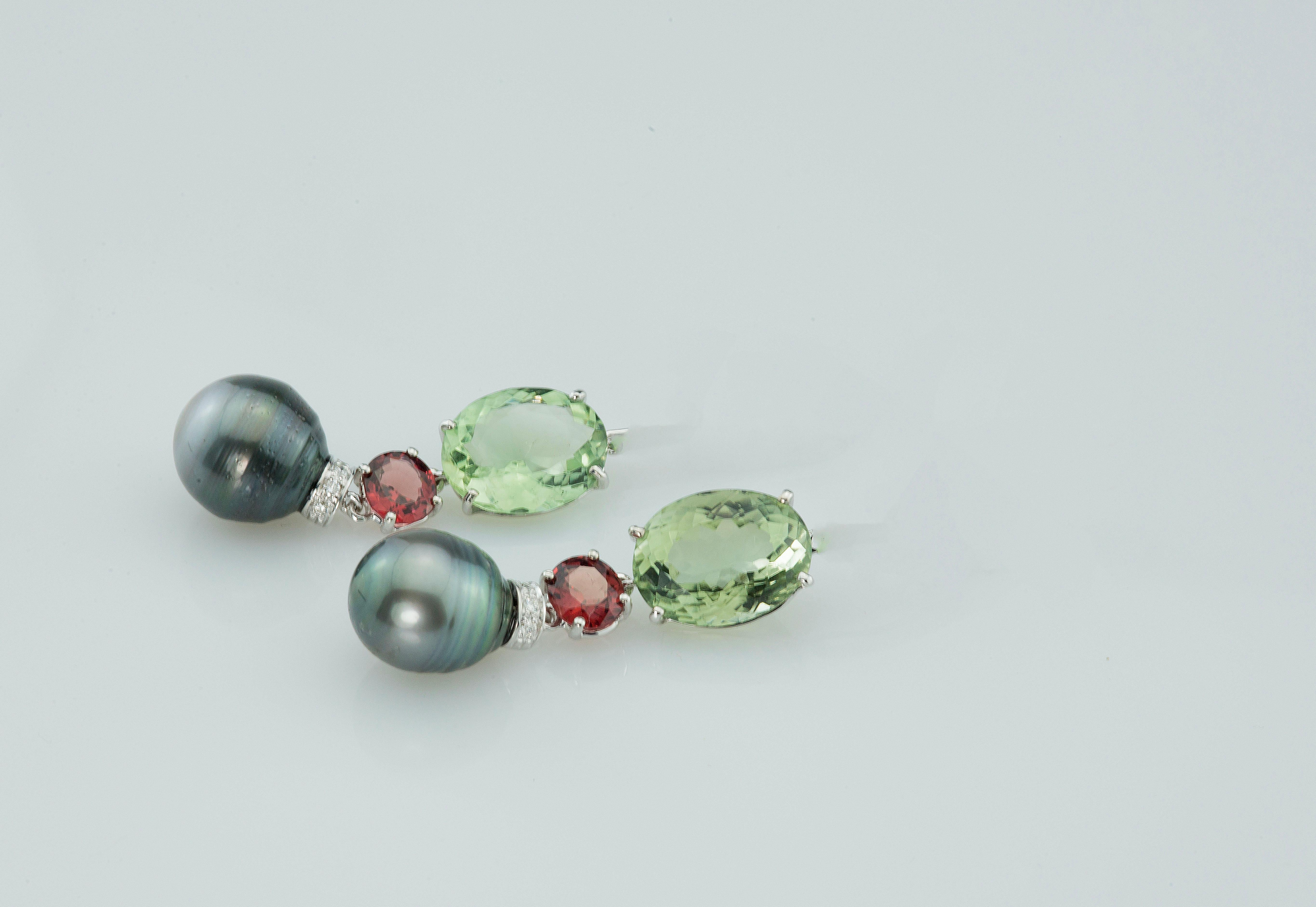 Art Deco Rossella Ugolini 18K Gold Mint Green Amethyst White Diamonds Garnet Earrings For Sale