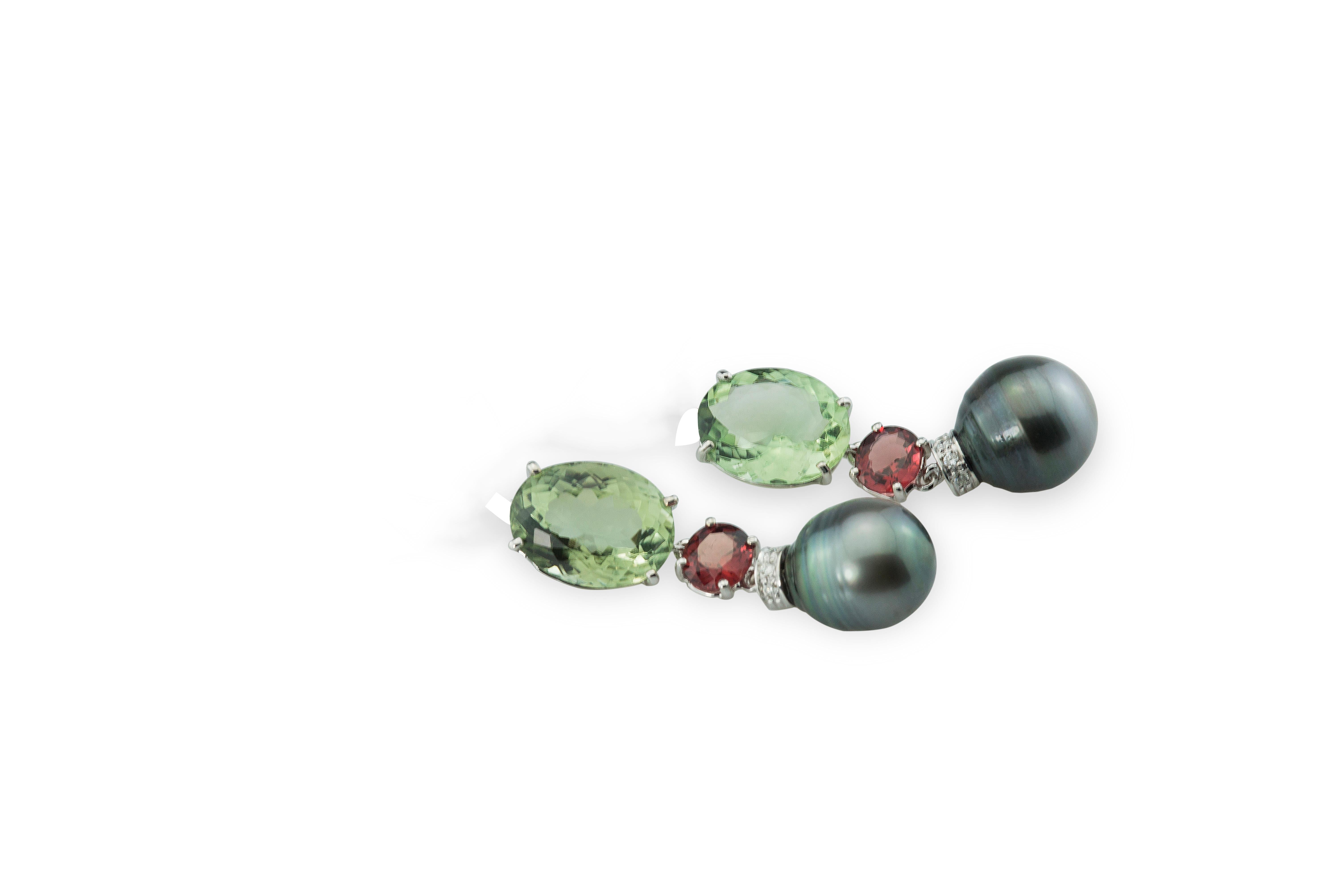 Women's or Men's Rossella Ugolini 18K Gold Mint Green Amethyst White Diamonds Garnet Earrings For Sale