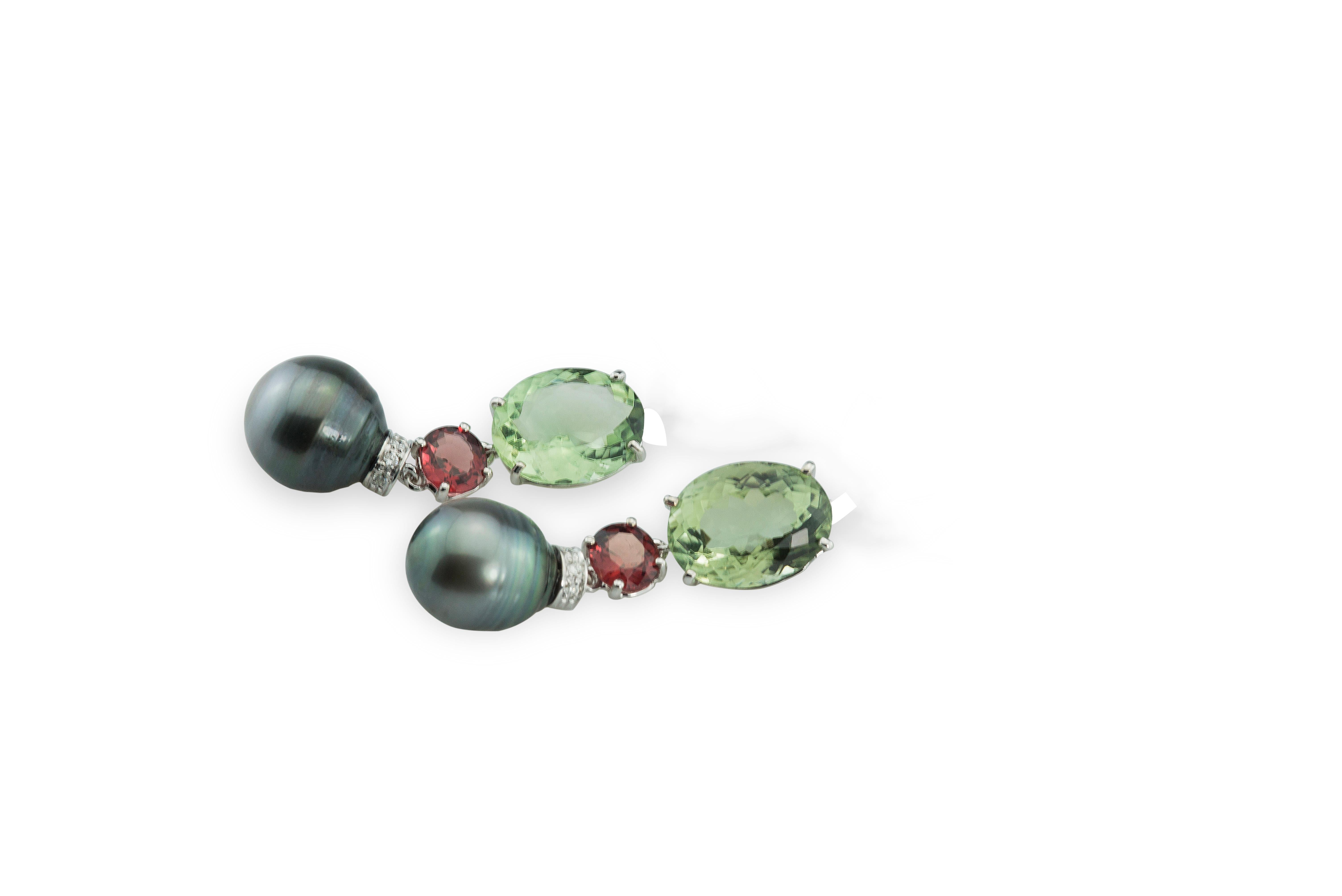 Oval Cut Rossella Ugolini 18K Gold Mint Green Amethyst White Diamonds Garnet Earrings For Sale