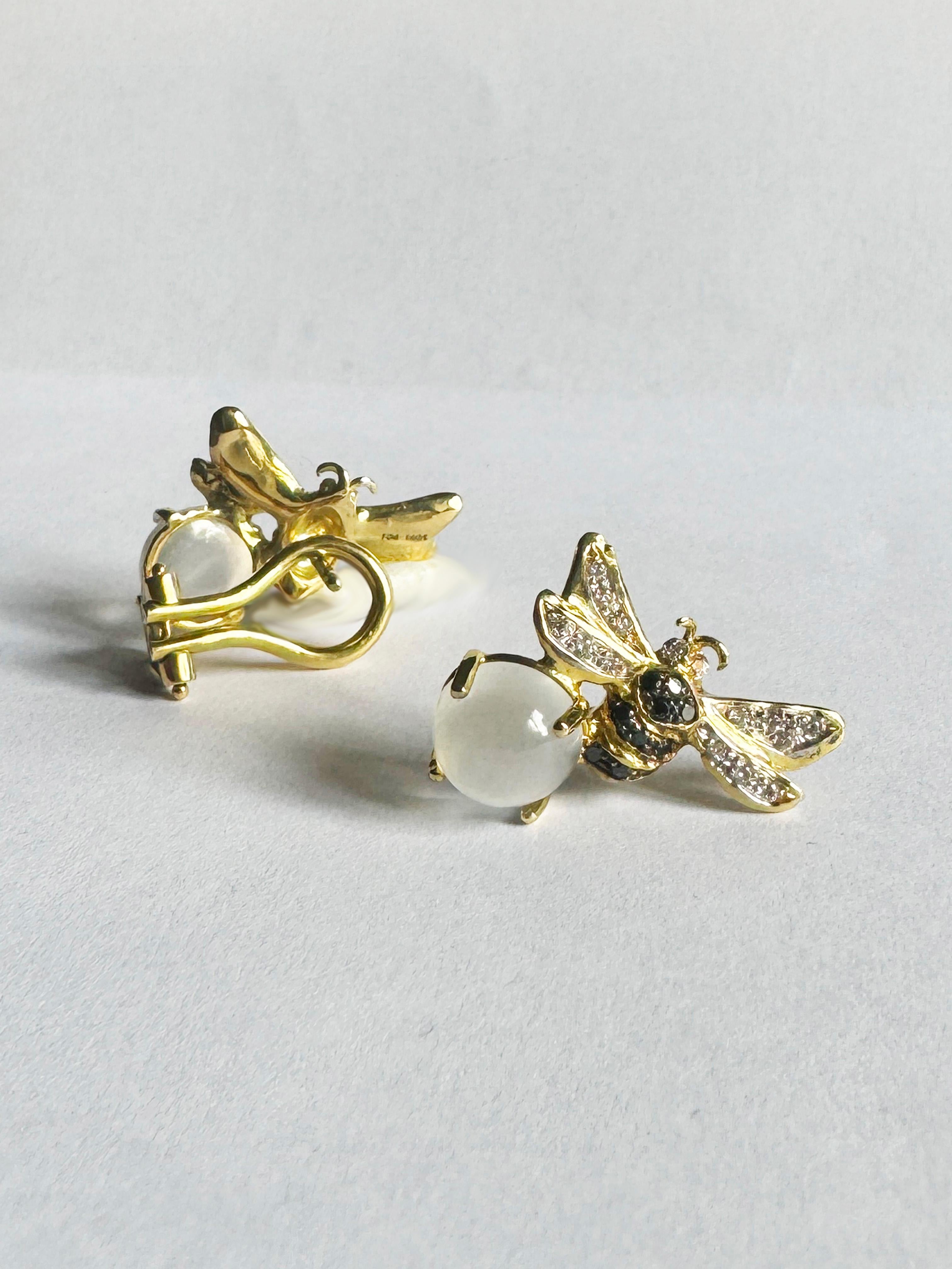 Rossella Ugolini 18K Gold Moonstone White Diamonds Stud Clip On Earrings For Sale 4