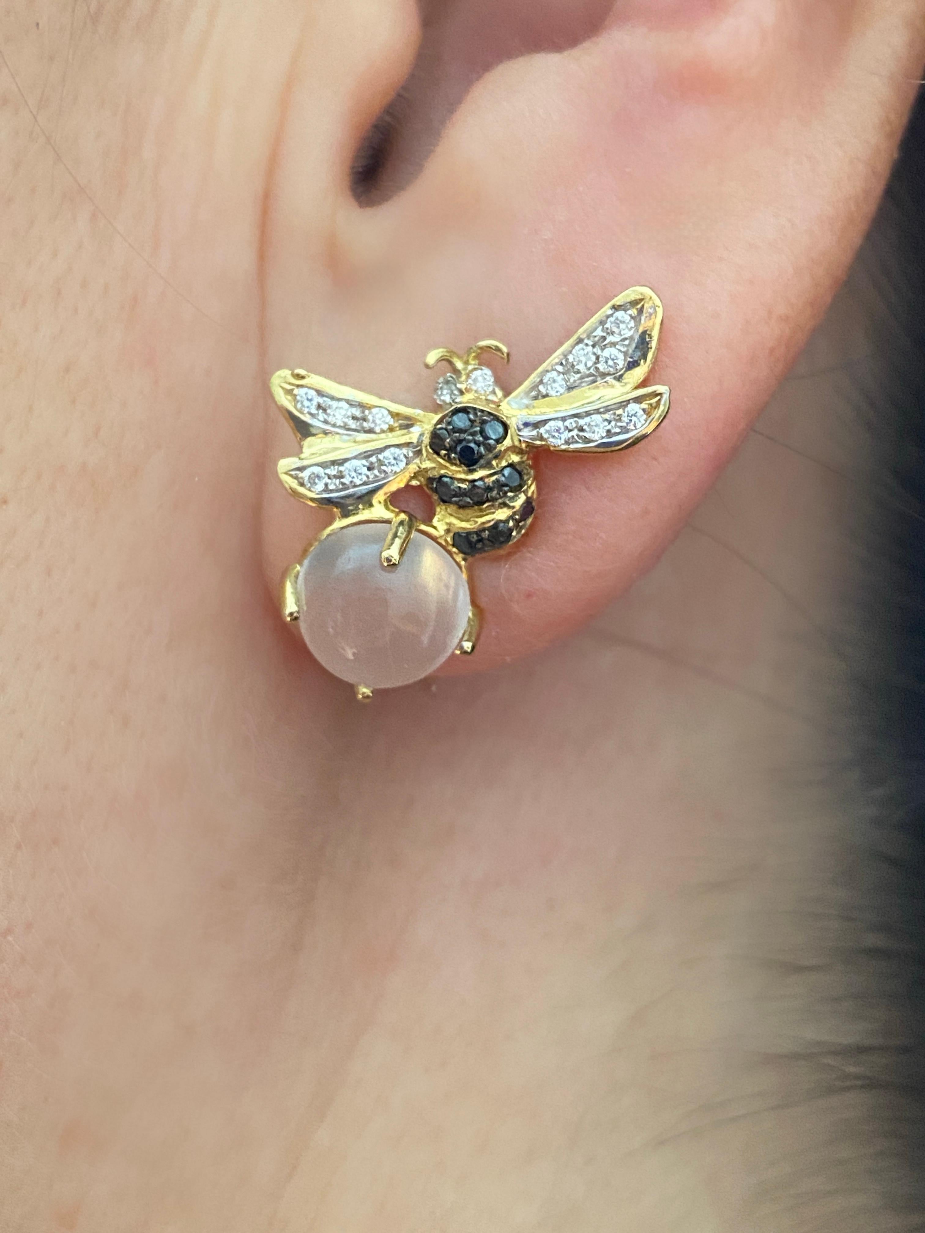 Rossella Ugolini 18K Gold Moonstone White Diamonds Stud Clip On Earrings For Sale 6