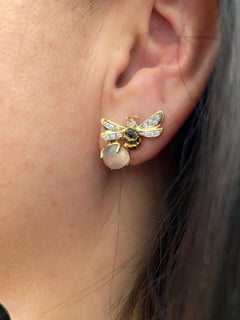 Rossella Ugolini 18K Gold Moonstone White Diamonds Stud Clip On Earrings