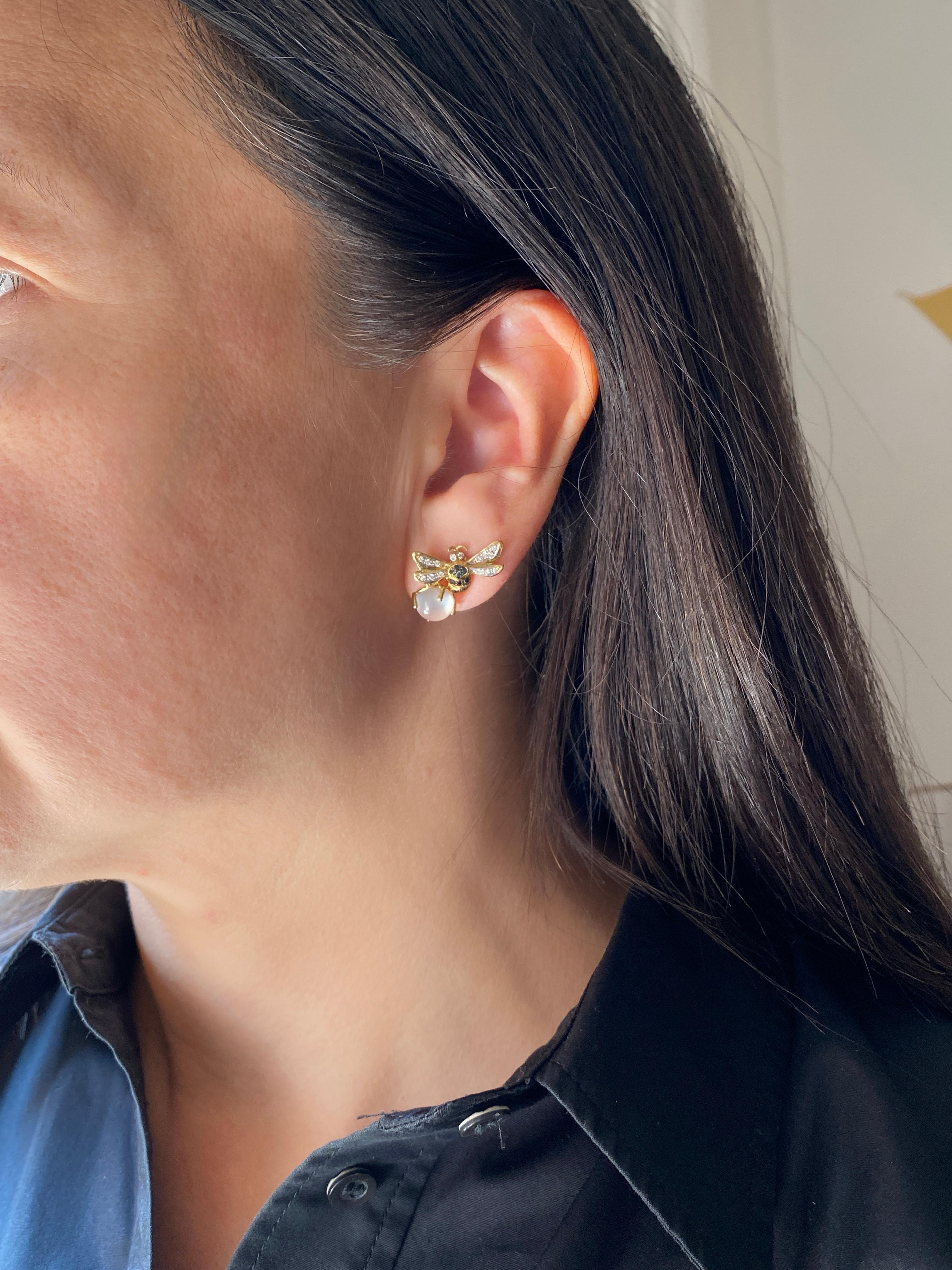 Art Deco Rossella Ugolini 18K Gold Moonstone White Diamonds Stud Clip On Earrings For Sale