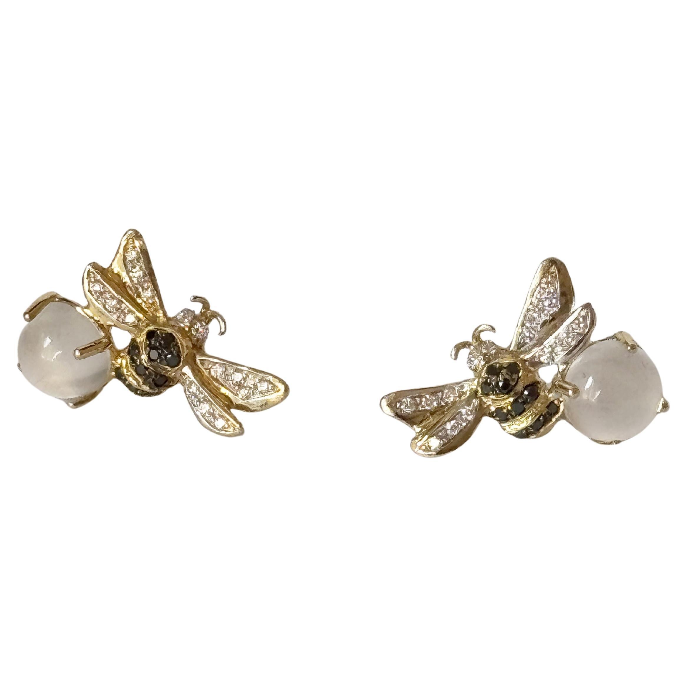Rossella Ugolini 18K Gold Moonstone White Diamonds Stud Clip On Earrings